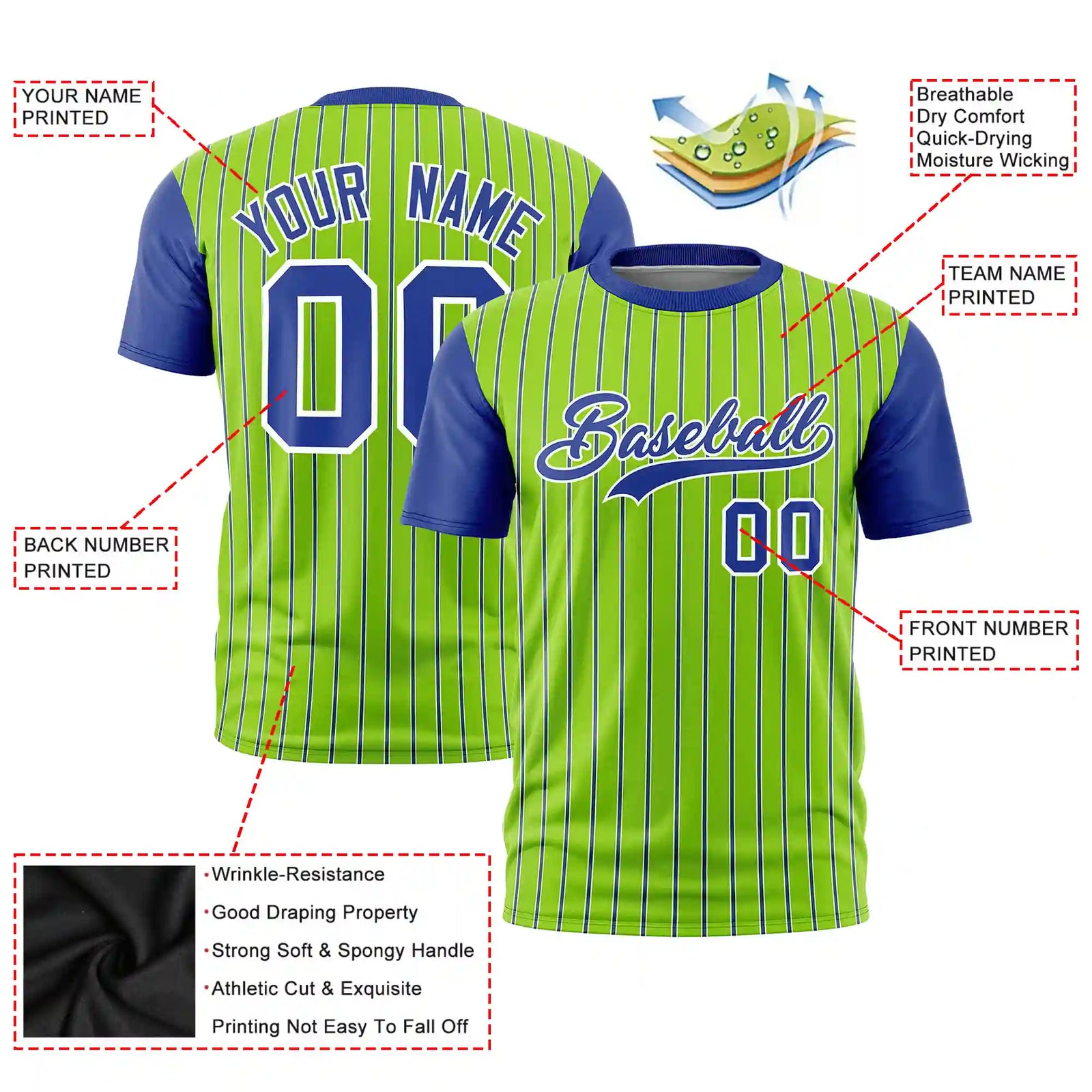 Custom Neon Green White-Royal Blue Pinstripe Pattern Design Performance T-Shirt