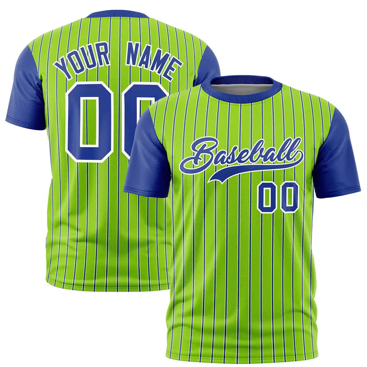 Custom Neon Green White-Royal Blue Pinstripe Pattern Design Performance T-Shirt