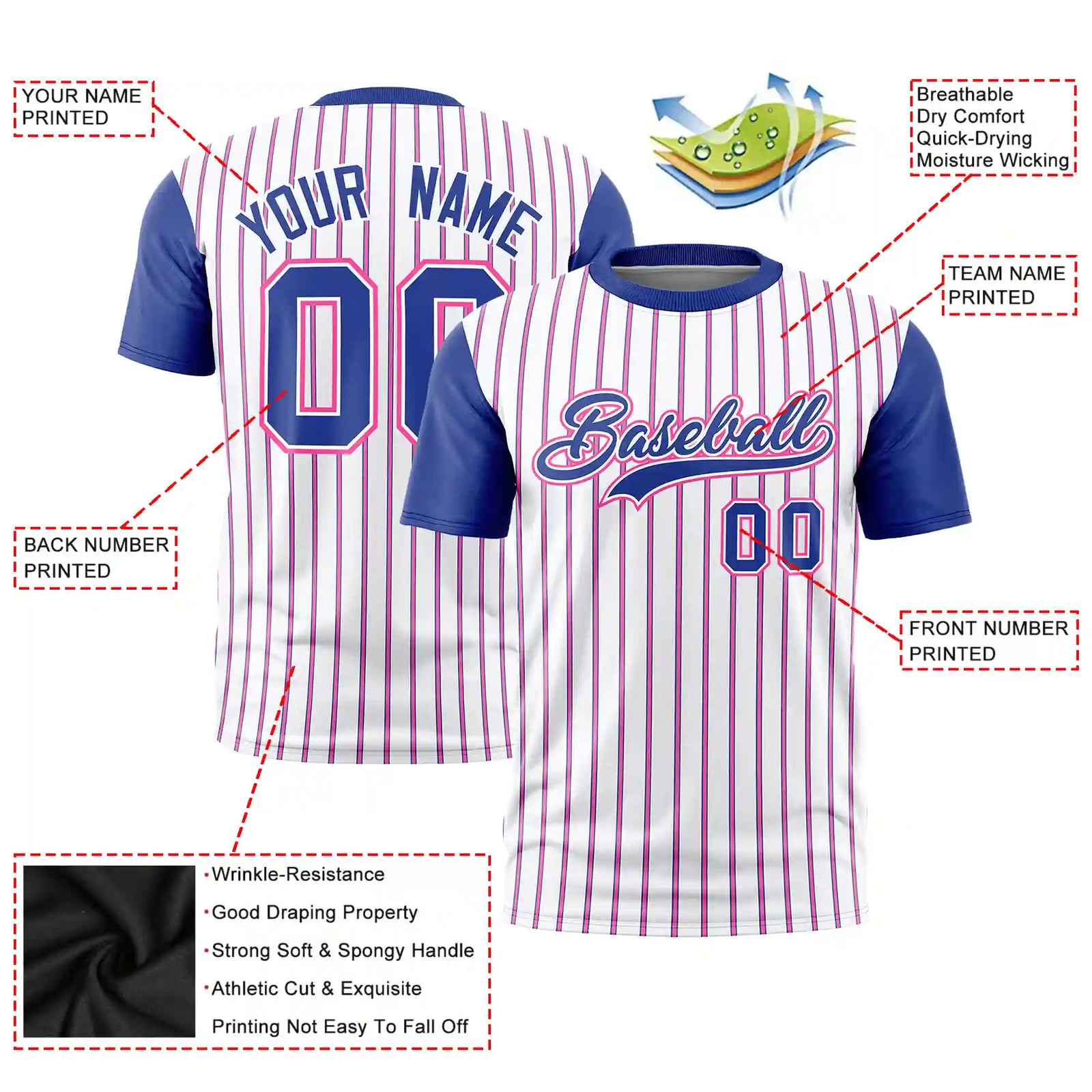 Custom White Pink-Royal Blue Pinstripe Pattern Design Performance T-Shirt