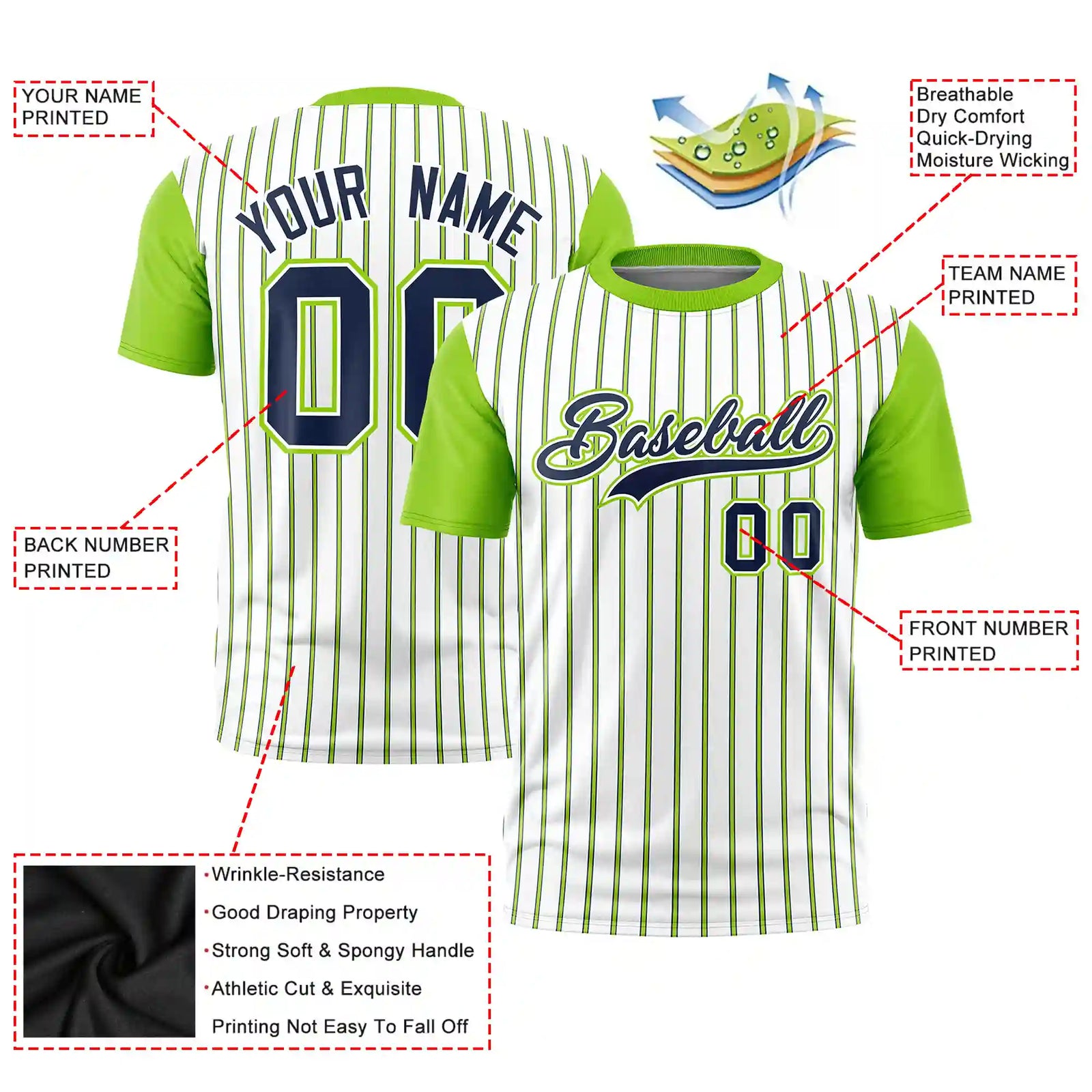 Custom White Navy-Neon Green Pinstripe Pattern Design Performance T-Shirt