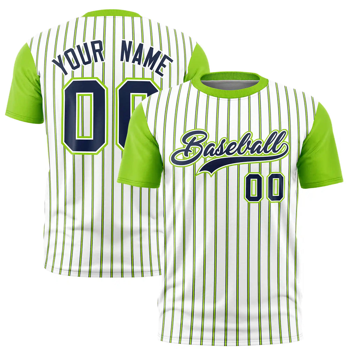 Custom White Navy-Neon Green Pinstripe Pattern Design Performance T-Shirt