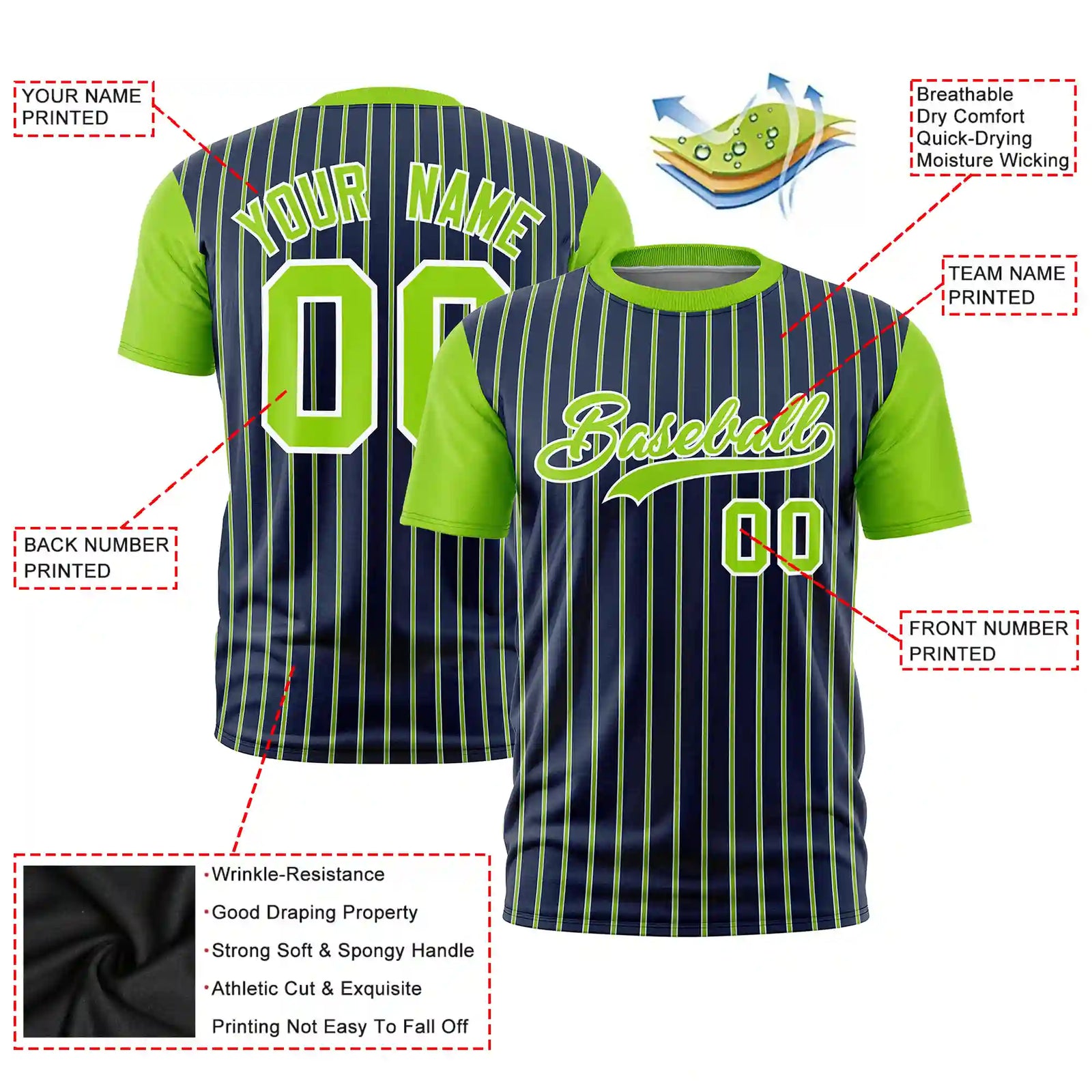 Custom Navy White-Neon Green Pinstripe Pattern Design Performance T-Shirt