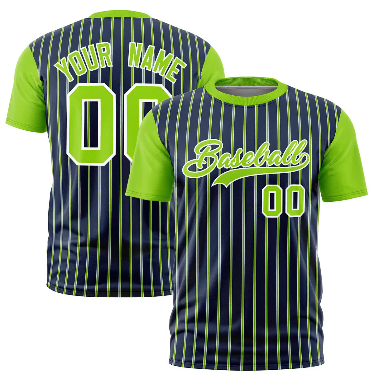 Custom Navy White-Neon Green Pinstripe Pattern Design Performance T-Shirt