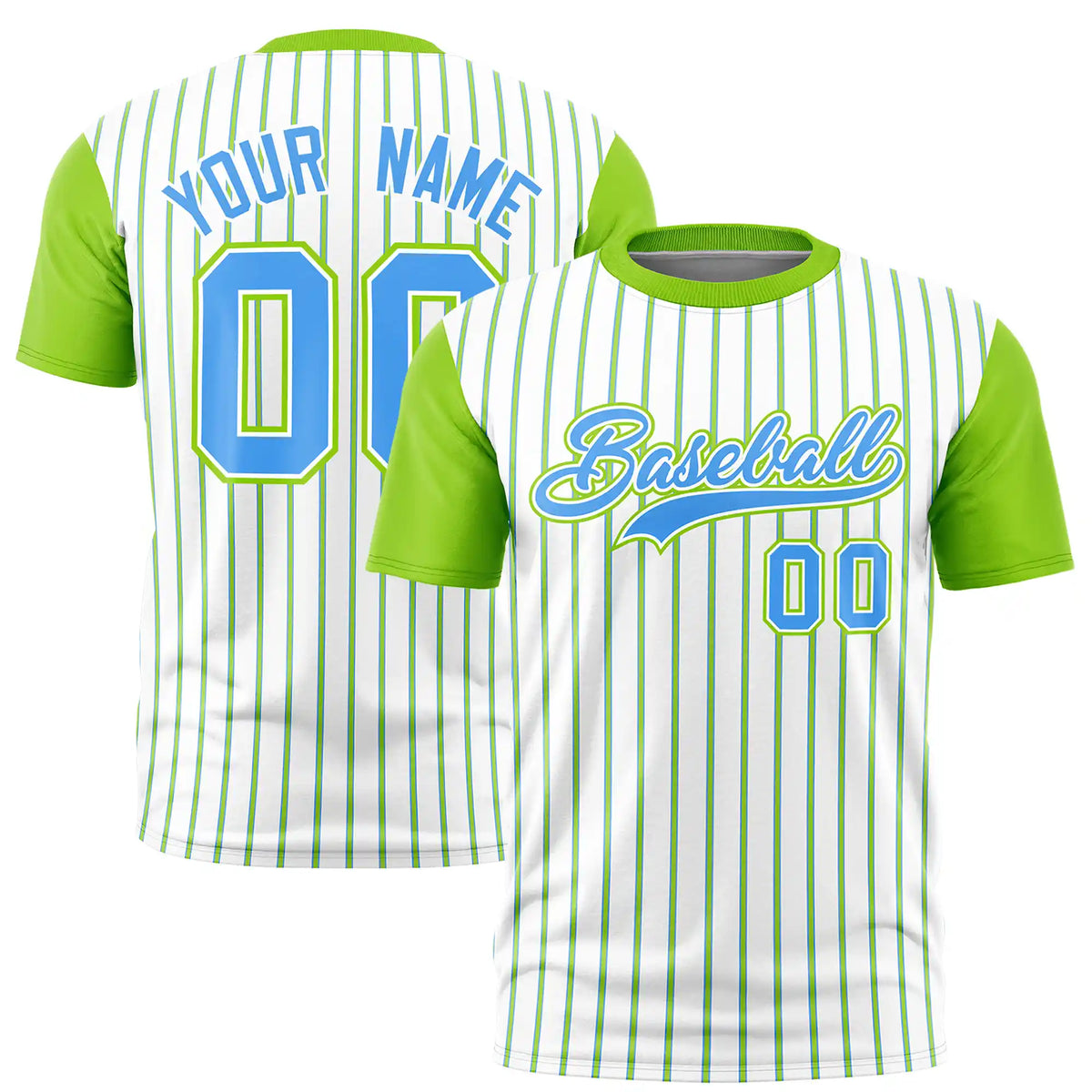 Custom White Powder Blue-Neon Green Pinstripe Pattern Design Performance T-Shirt