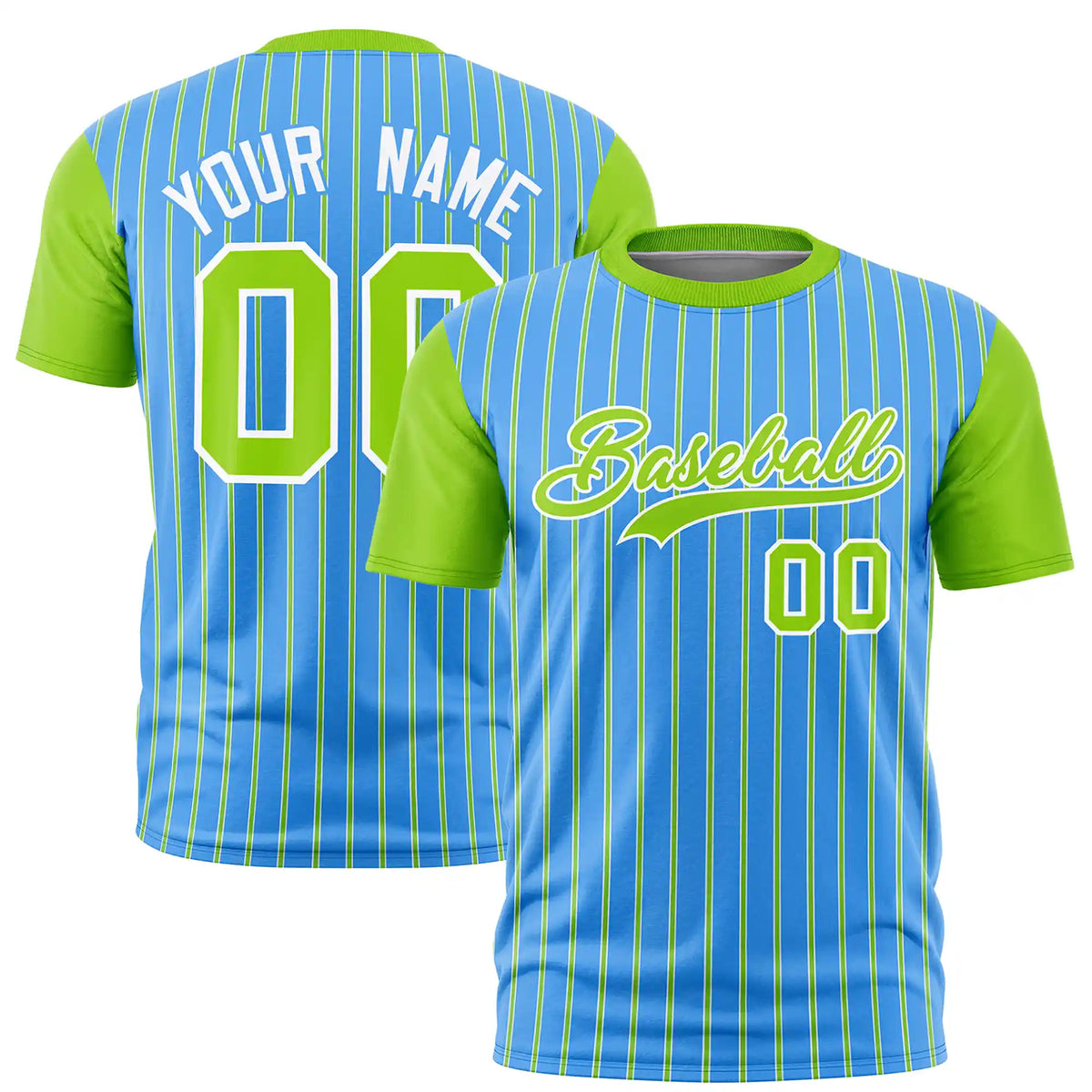 Custom Powder Blue White-Neon Green Pinstripe Pattern Design Performance T-Shirt
