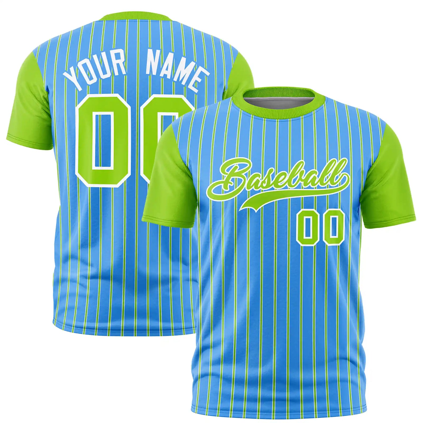 Custom Powder Blue White-Neon Green Pinstripe Pattern Design Performance T-Shirt