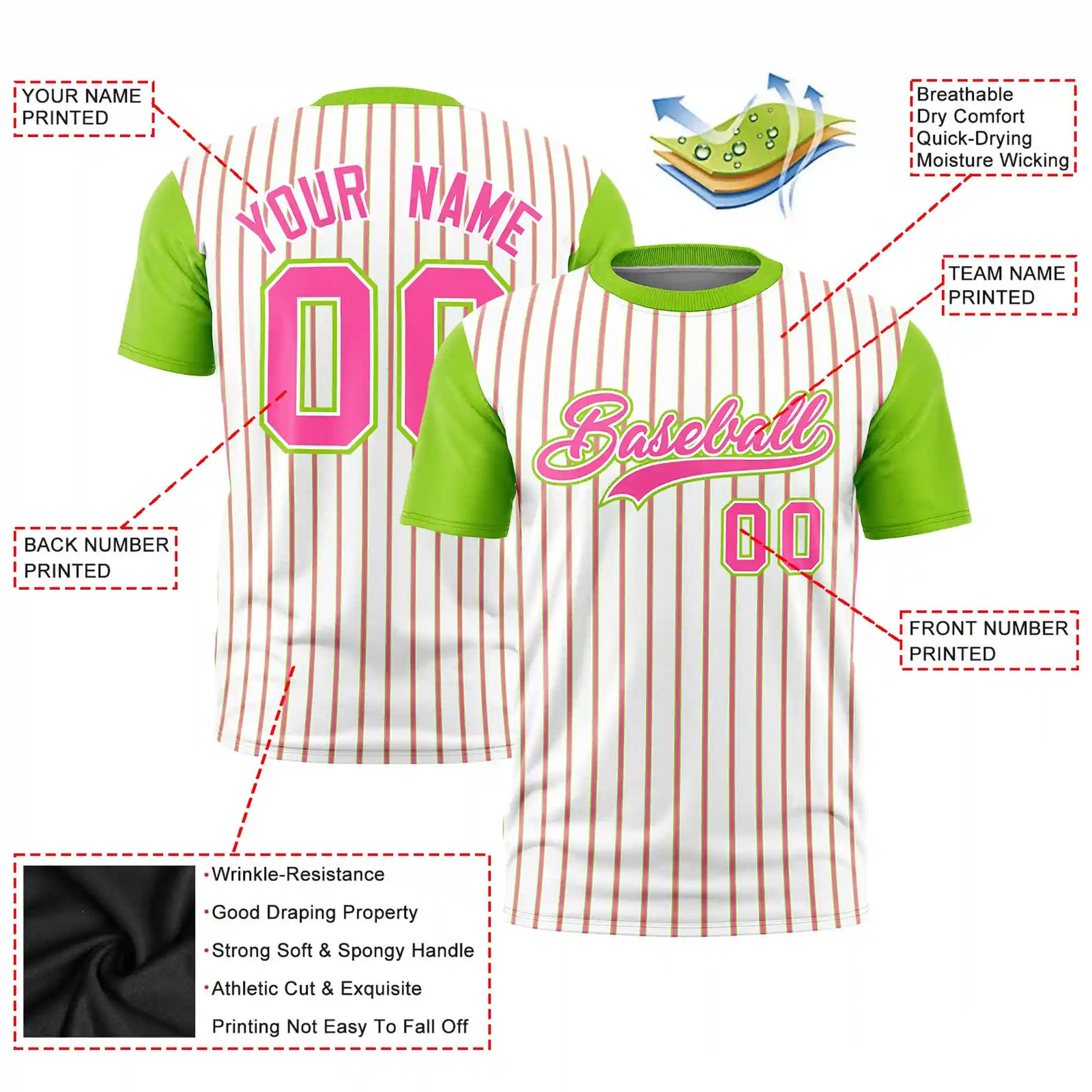 Custom White Pink-Neon Green Pinstripe Pattern Design Performance T-Shirt