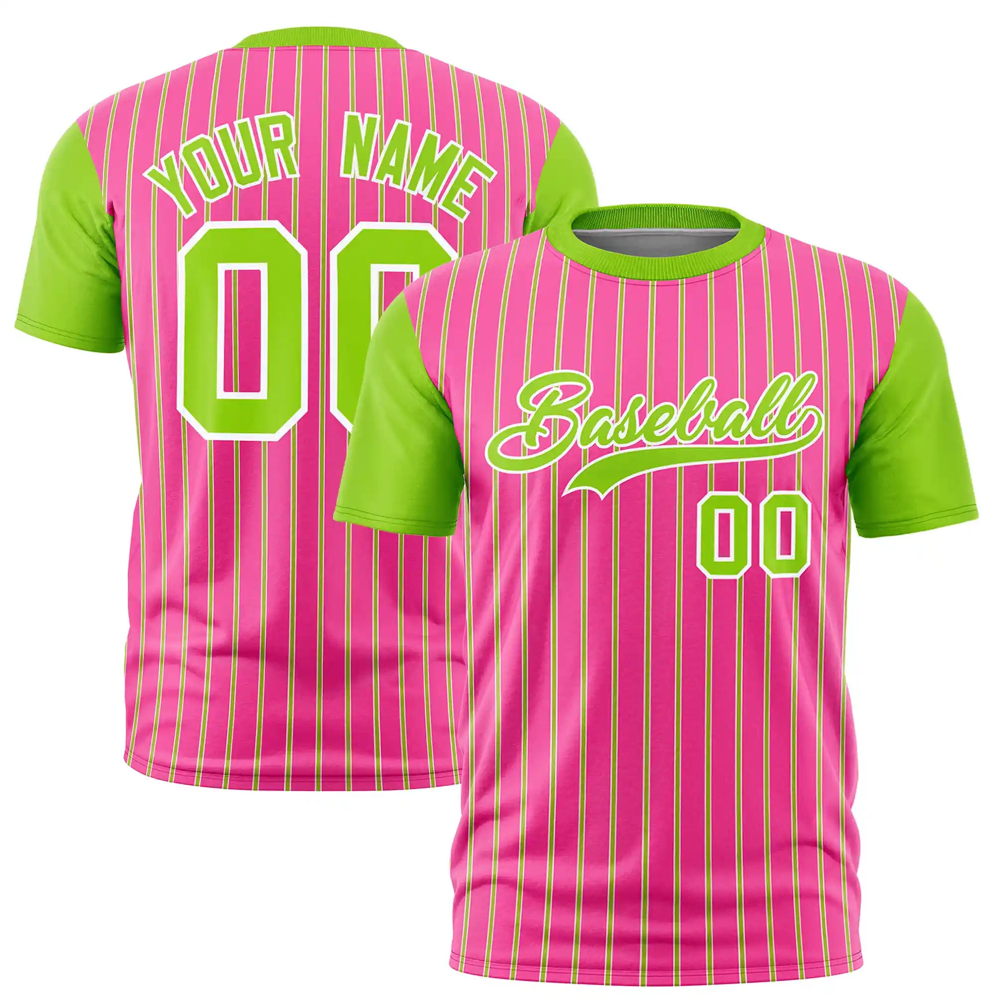 Custom Pink White-Neon Green Pinstripe Pattern Design Performance T-Shirt