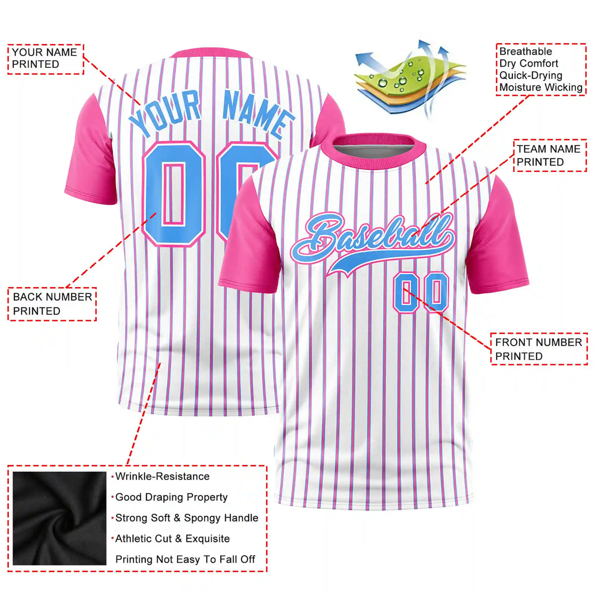 Custom White Powder Blue-Pink Pinstripe Pattern Design Performance T-Shirt