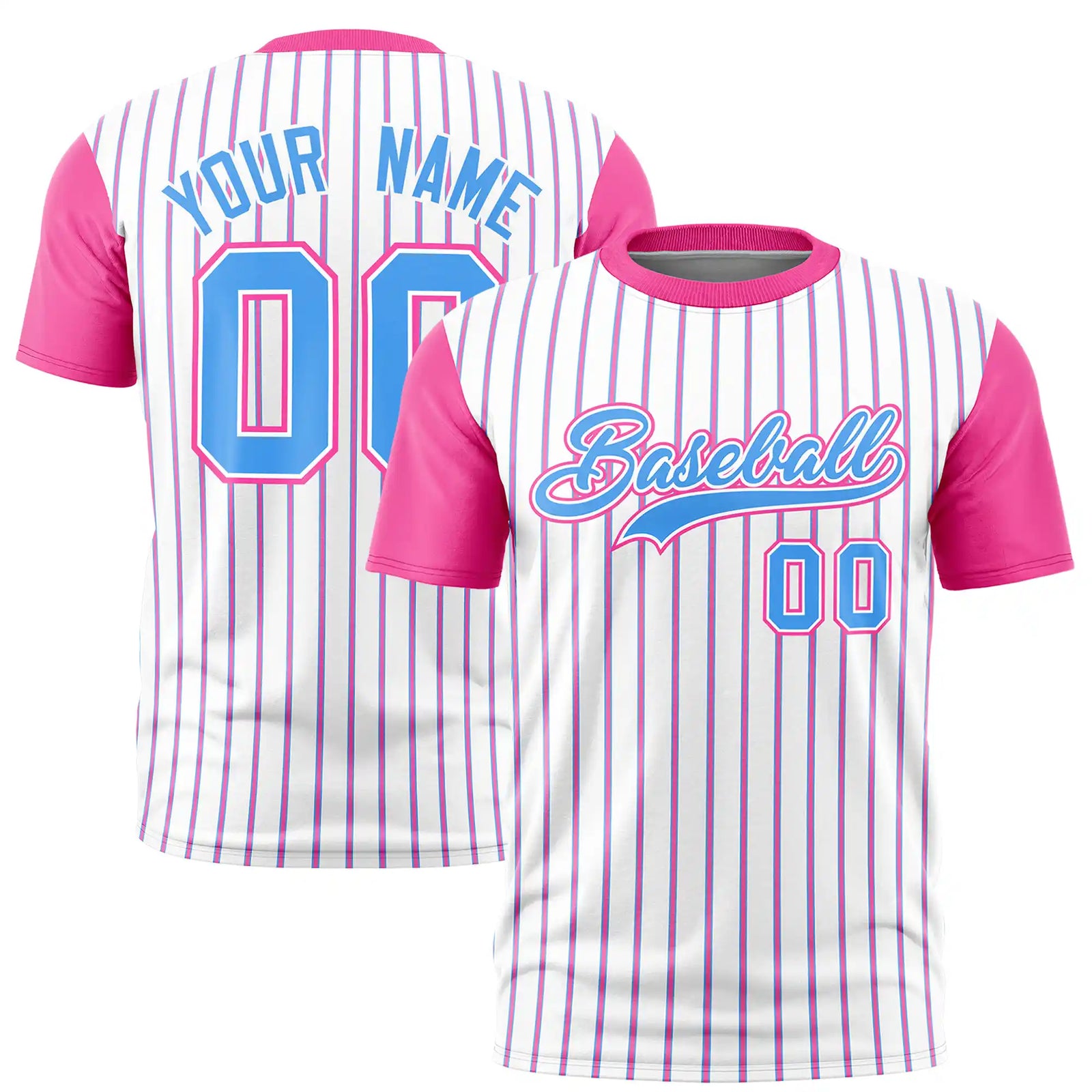 Custom White Powder Blue-Pink Pinstripe Pattern Design Performance T-Shirt