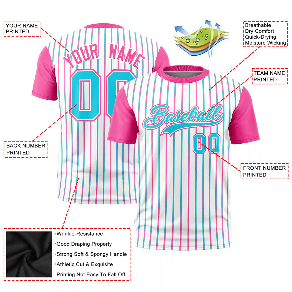 Custom White Sky Blue-Pink Pinstripe Pattern Design Performance T-Shirt