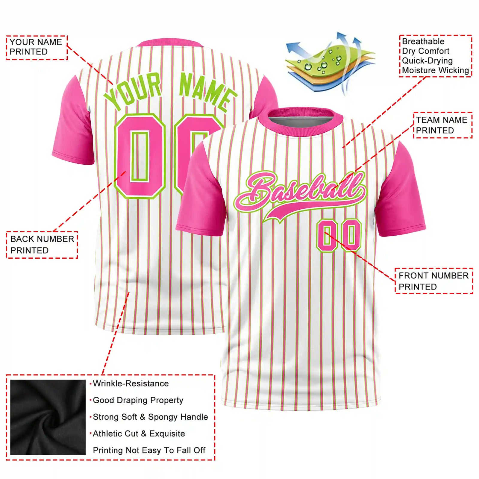 Custom White Neon Green-Pink Pinstripe Pattern Design Performance T-Shirt