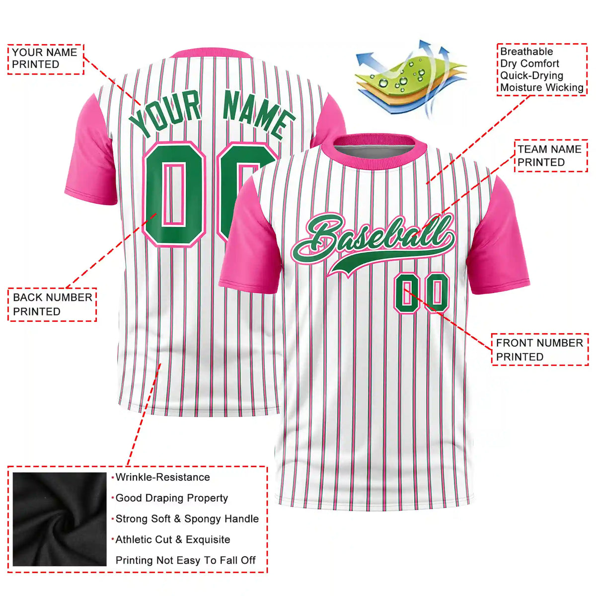 Custom White Kelly Green-Pink Pinstripe Pattern Design Performance T-Shirt