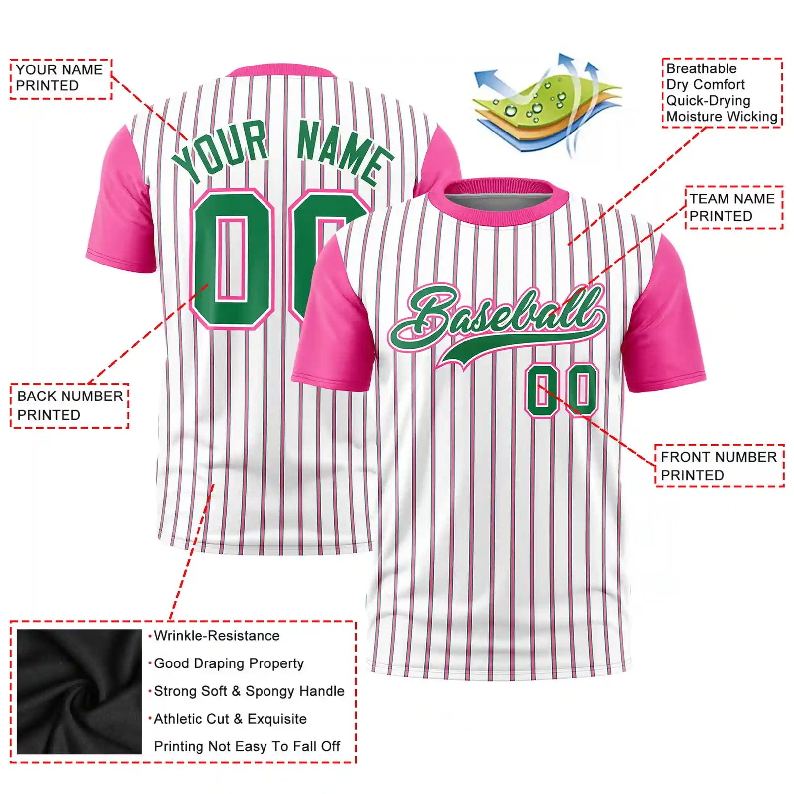 Custom White Kelly Green-Pink Pinstripe Pattern Design Performance T-Shirt