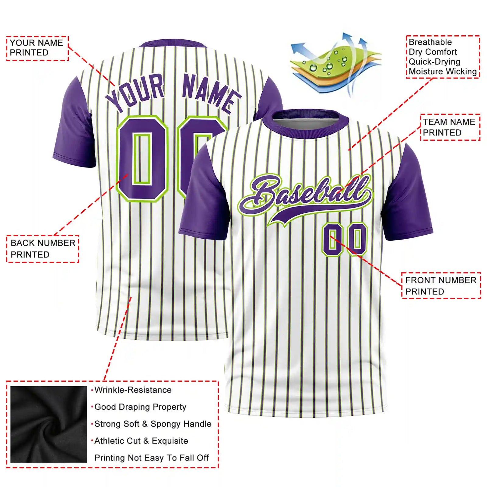 Custom White Neon Green-Purple Pinstripe Pattern Design Performance T-Shirt