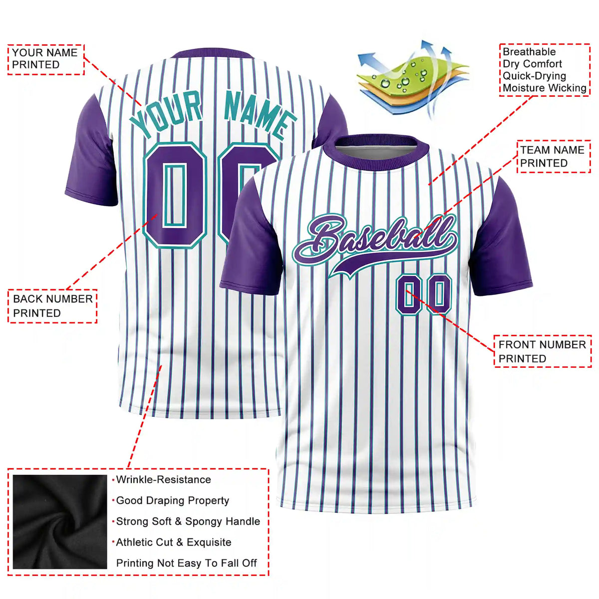 Custom White Aqua-Purple Pinstripe Pattern Design Performance T-Shirt