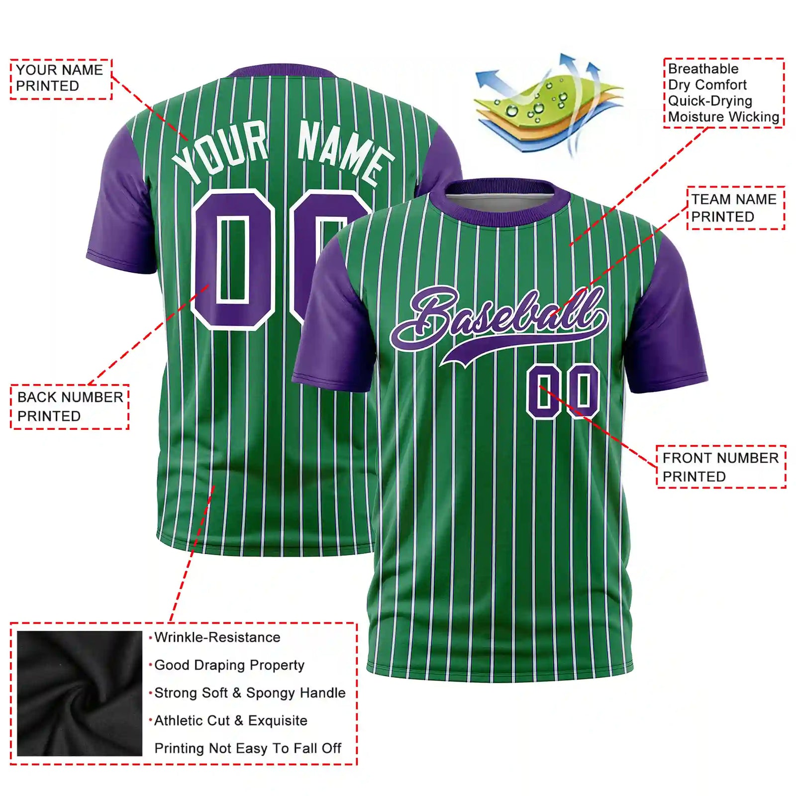 Custom Kelly Green White-Purple Pinstripe Pattern Design Performance T-Shirt