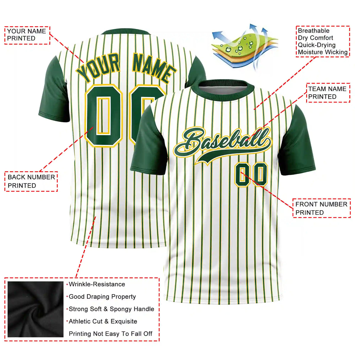 Custom White Gold01-Green Pinstripe Pattern Design Performance T-Shirt