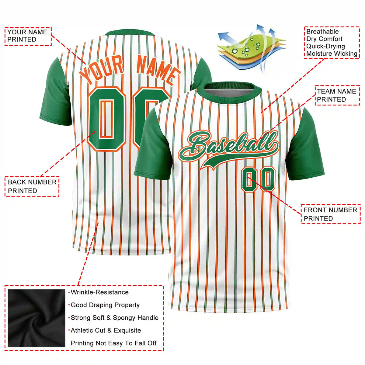 Custom White Orange-Kelly Green Pinstripe Pattern Design Performance T-Shirt