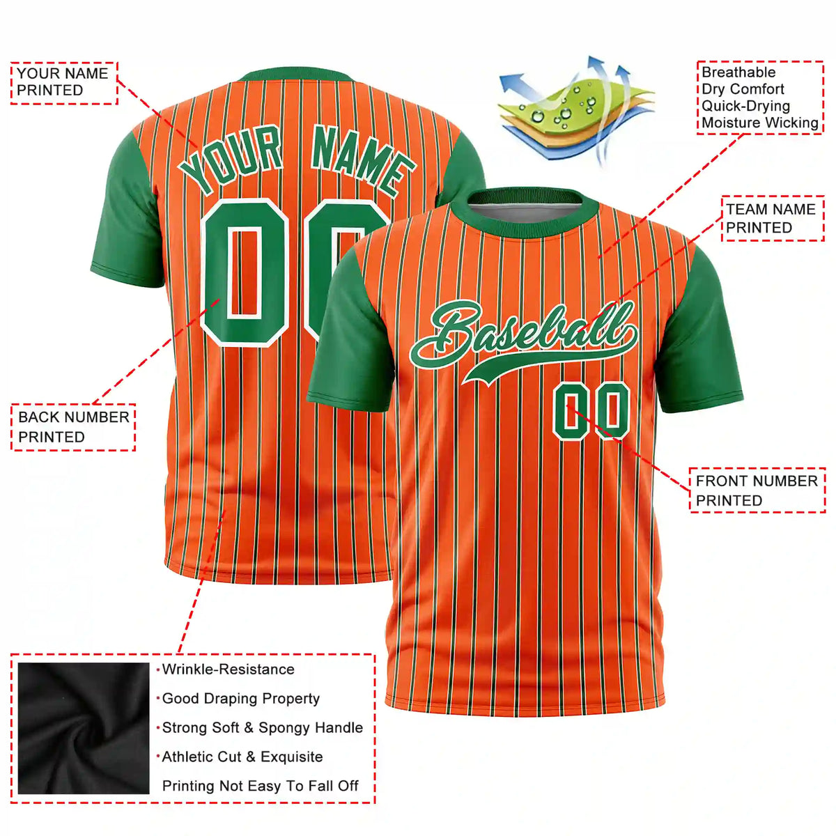 Custom Orange White-Kelly Green Pinstripe Pattern Design Performance T-Shirt