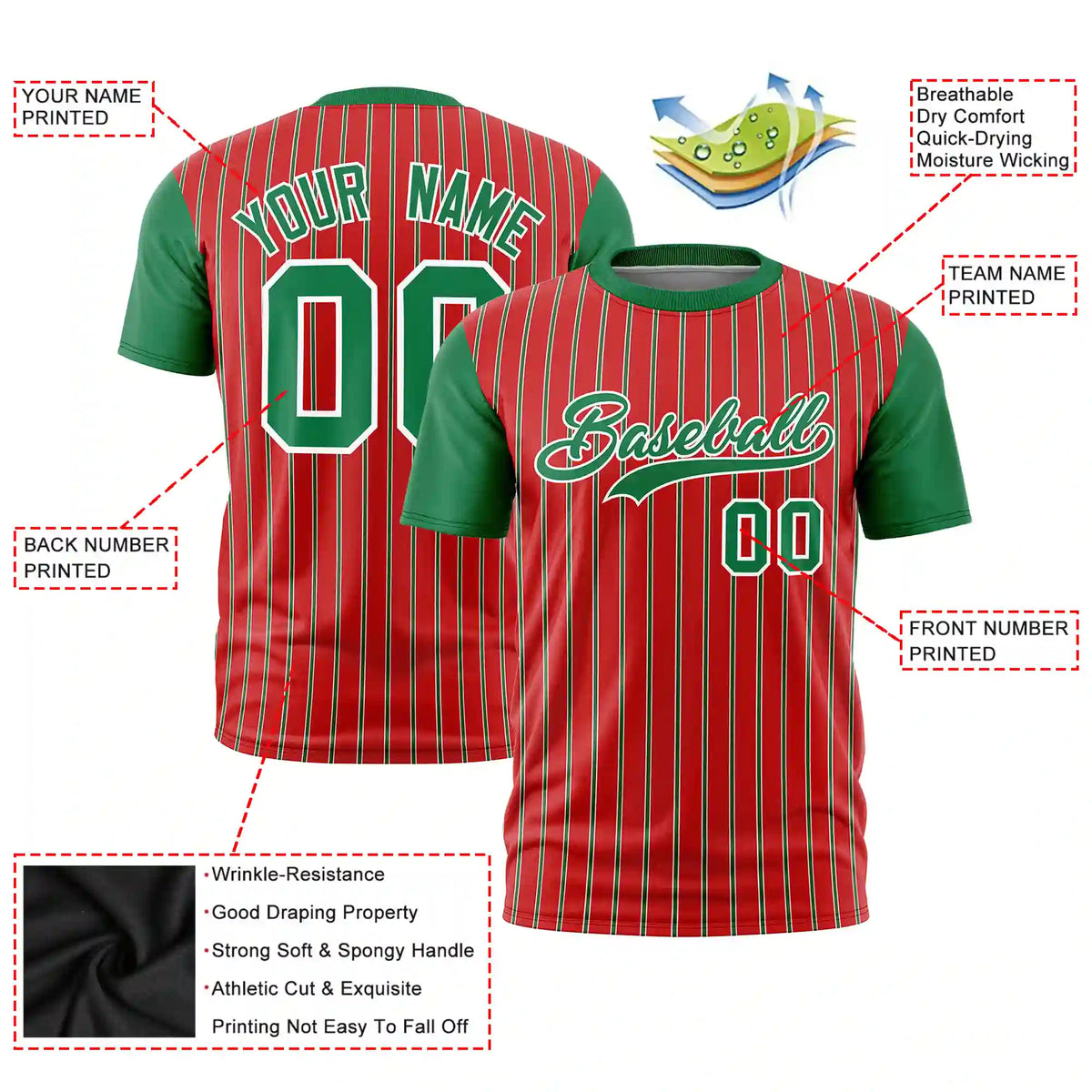 Custom Red White-Kelly Green Pinstripe Pattern Design Performance T-Shirt