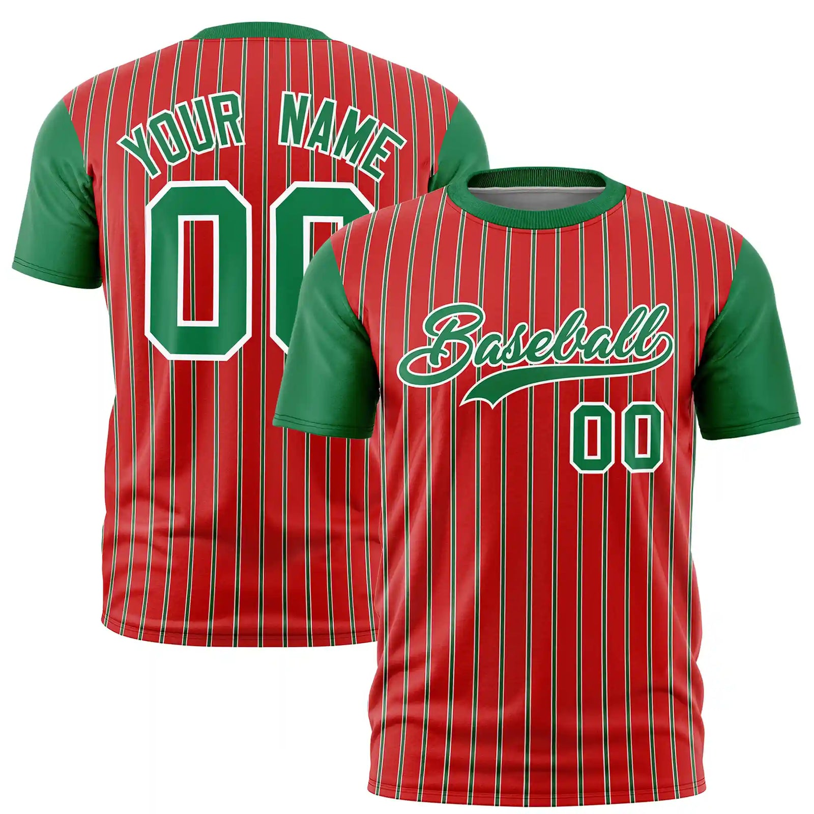 Custom Red White-Kelly Green Pinstripe Pattern Design Performance T-Shirt