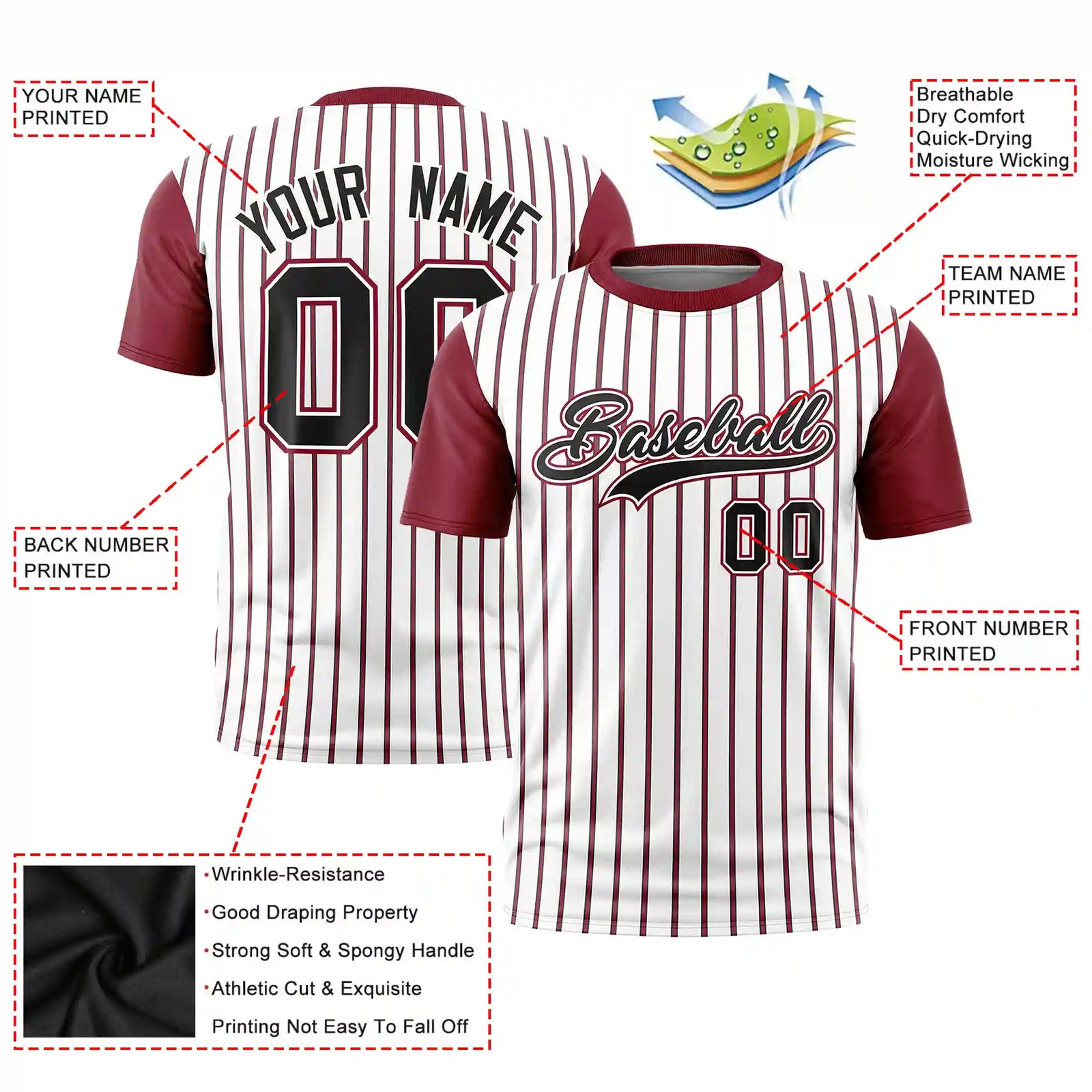 Custom White Black-Crimson Pinstripe Pattern Design Performance T-Shirt