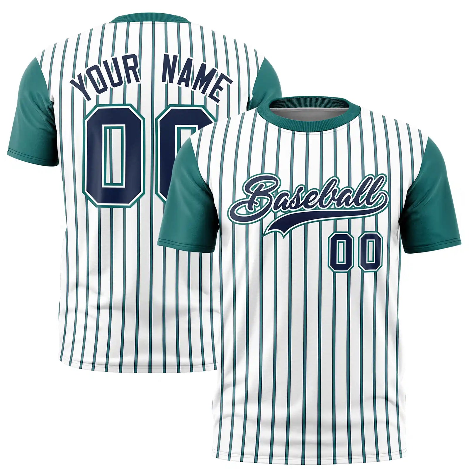 Custom White Navy-Aqua Pinstripe Pattern Design Performance T-Shirt
