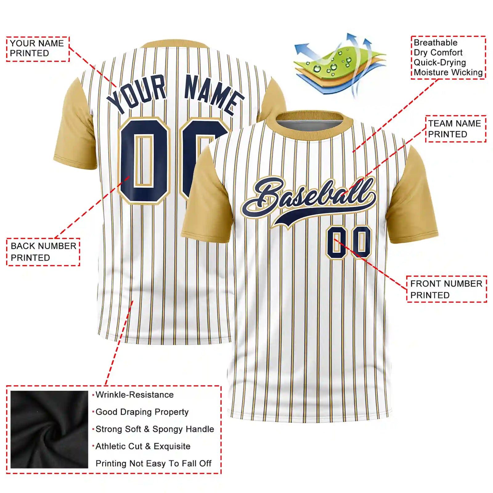 Custom White Navy-Khaki Pinstripe Pattern Design Performance T-Shirt