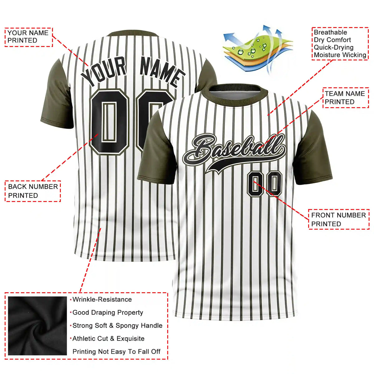 Custom White Black-Olive Pinstripe Pattern Design Performance T-Shirt