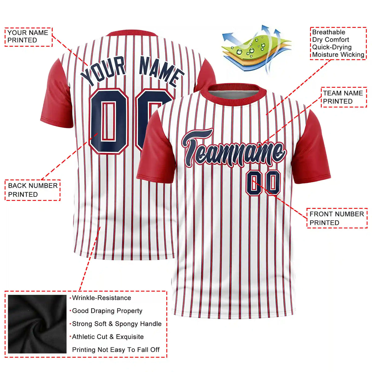 Custom White Navy-Red Pinstripe Pattern Design Performance T-Shirt