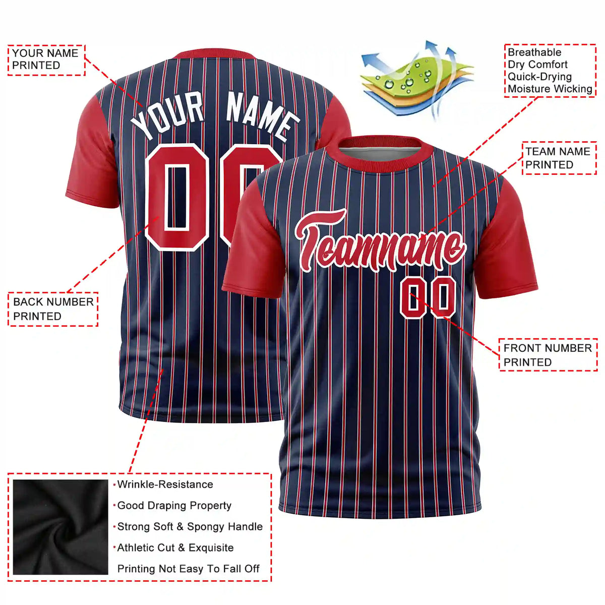 Custom Navy White-Red Pinstripe Pattern Design Performance T-Shirt