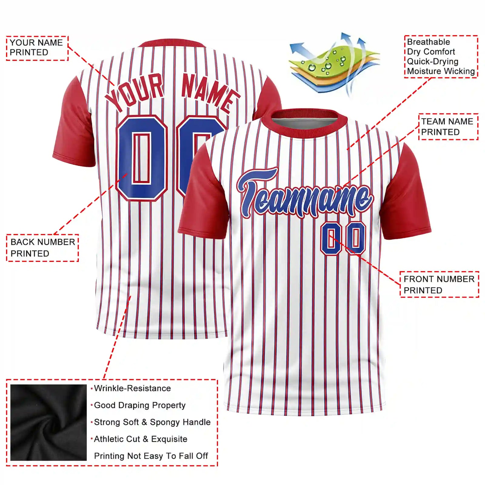 Custom White Royal Blue-Red Pinstripe Pattern Design Performance T-Shirt