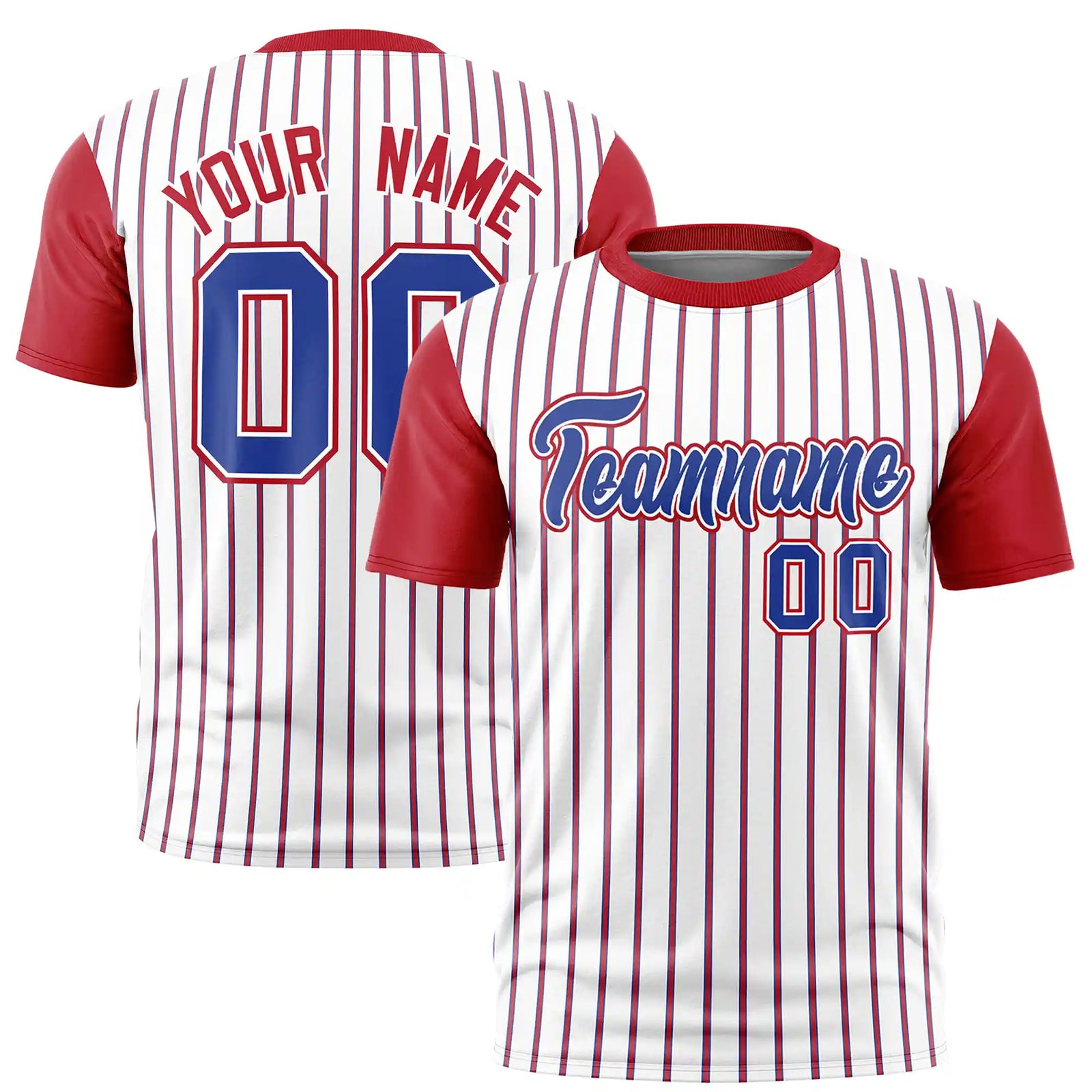 Custom White Royal Blue-Red Pinstripe Pattern Design Performance T-Shirt