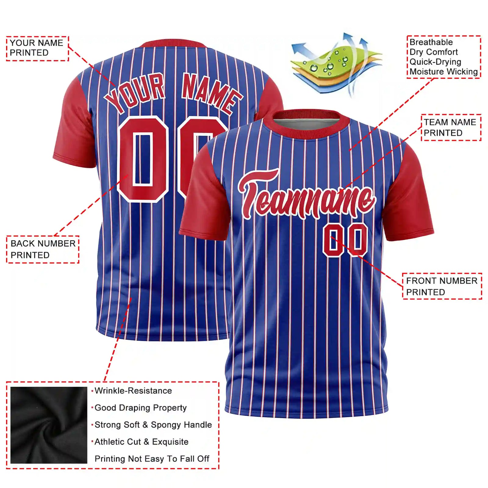 Custom Royal Blue White-Red Pinstripe Pattern Design Performance T-Shirt