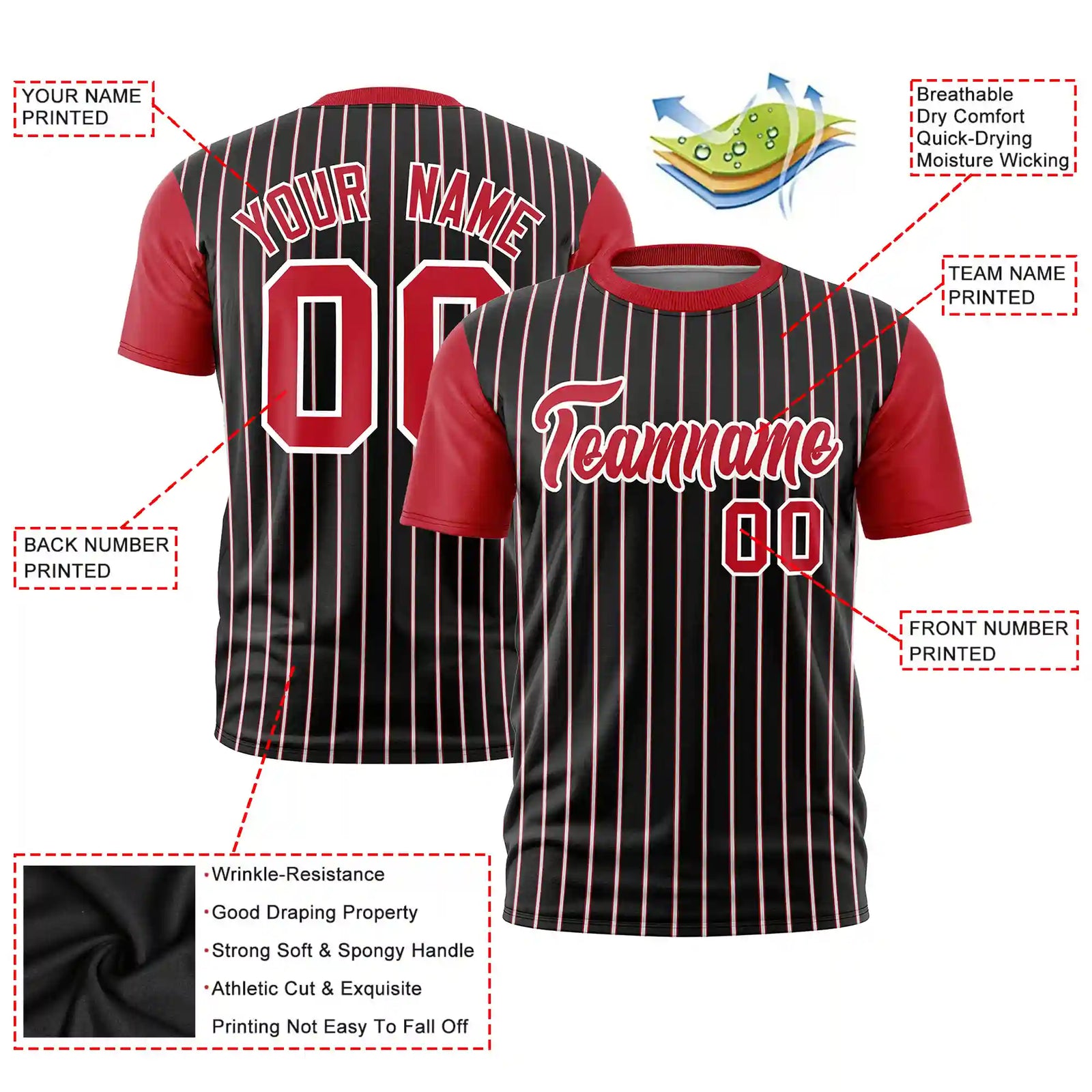 Custom Black White-Red Pinstripe Pattern Design Performance T-Shirt