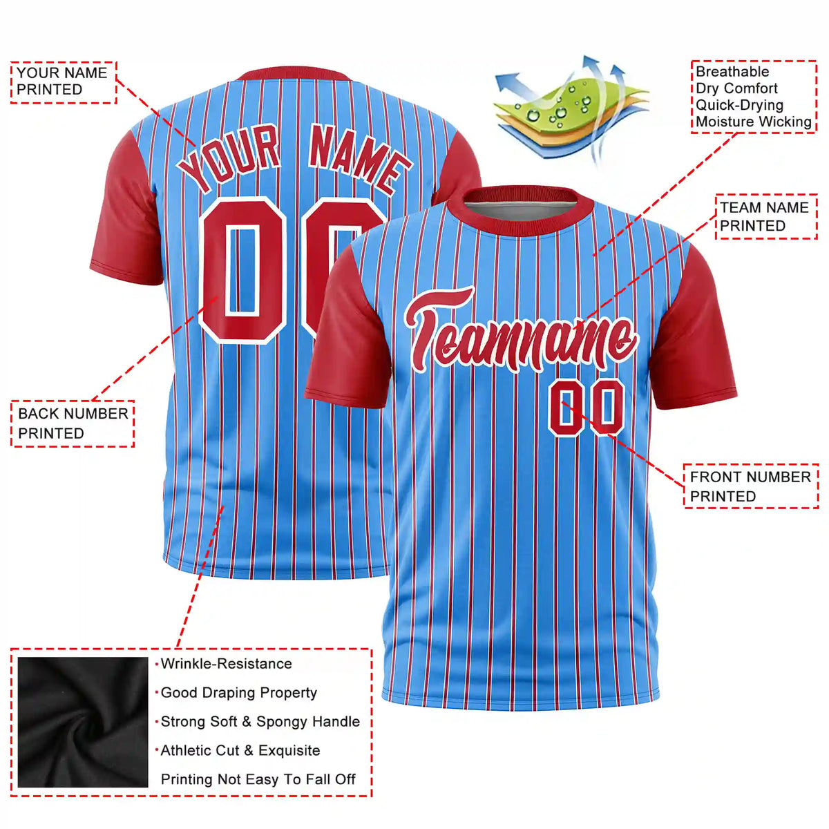 Custom Powder Blue White-Red Pinstripe Pattern Design Performance T-Shirt