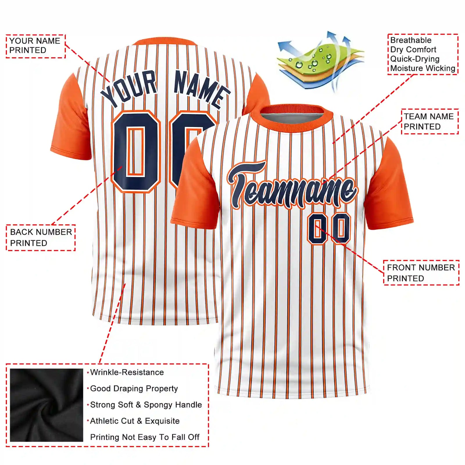 Custom White Navy-Orange Pinstripe Pattern Design Performance T-Shirt
