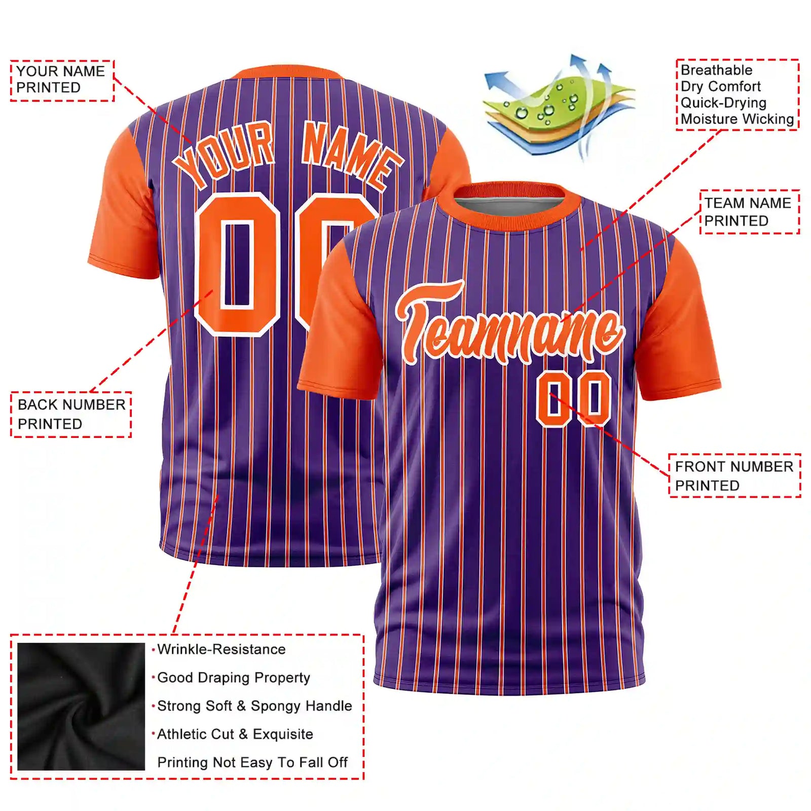 Custom Purple White-Orange Pinstripe Pattern Design Performance T-Shirt