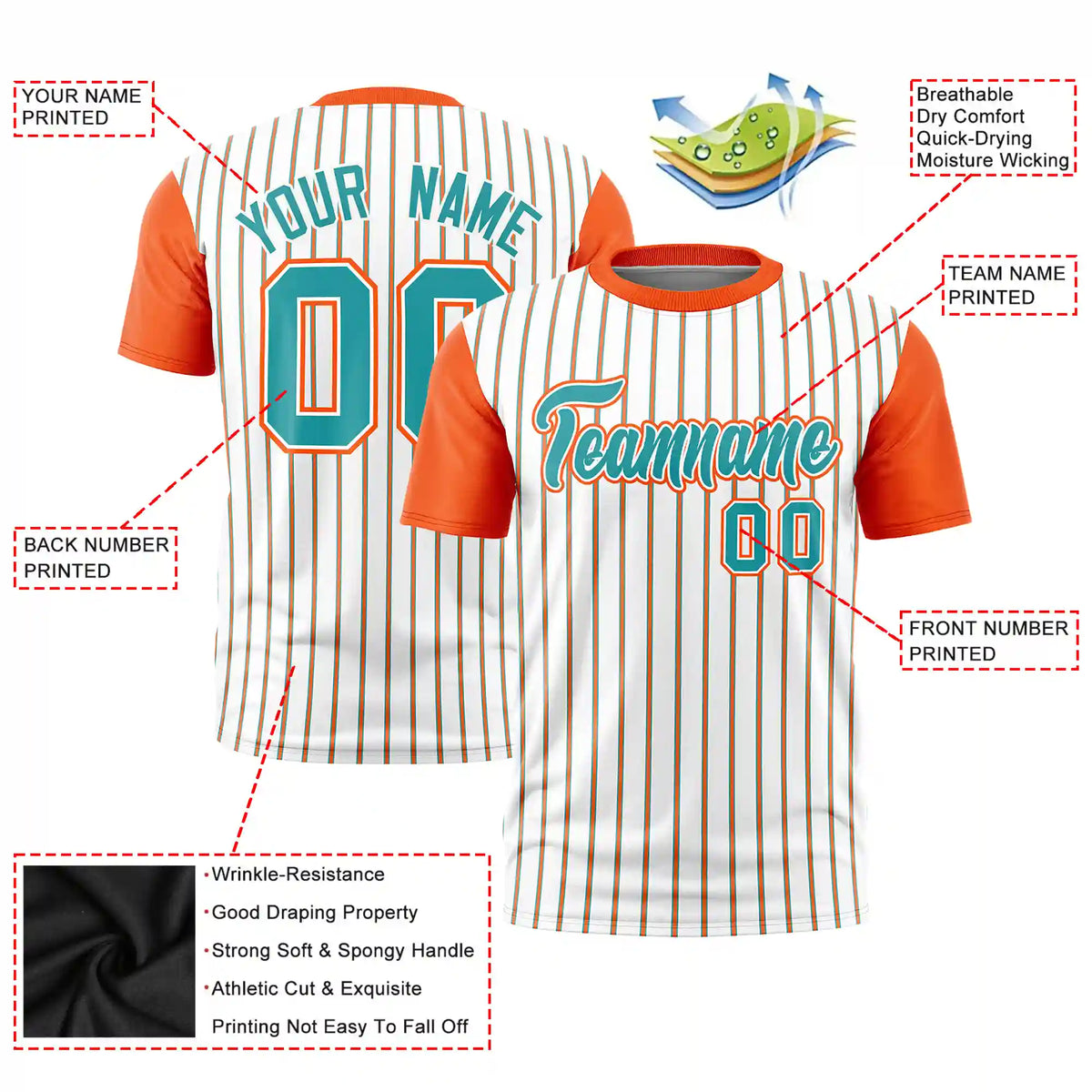 Custom White Aqua-Orange Pinstripe Pattern Design Performance T-Shirt