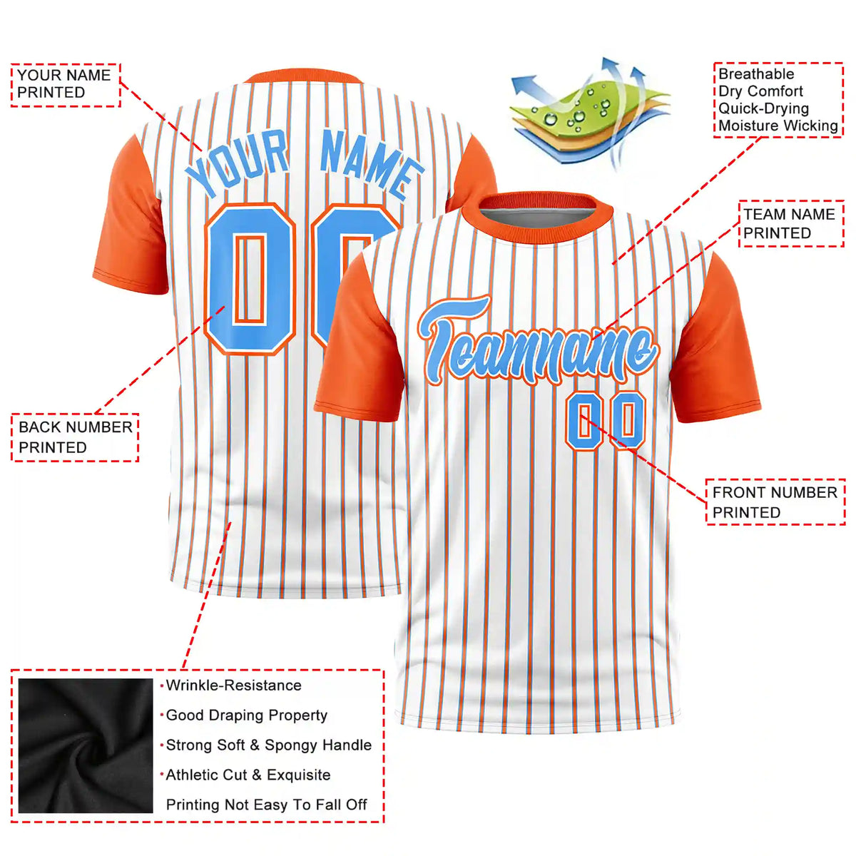 Custom White Powder Blue-Orange Pinstripe Pattern Design Performance T-Shirt