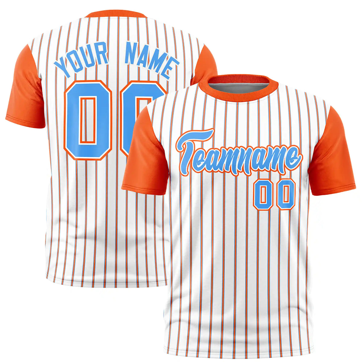 Custom White Powder Blue-Orange Pinstripe Pattern Design Performance T-Shirt