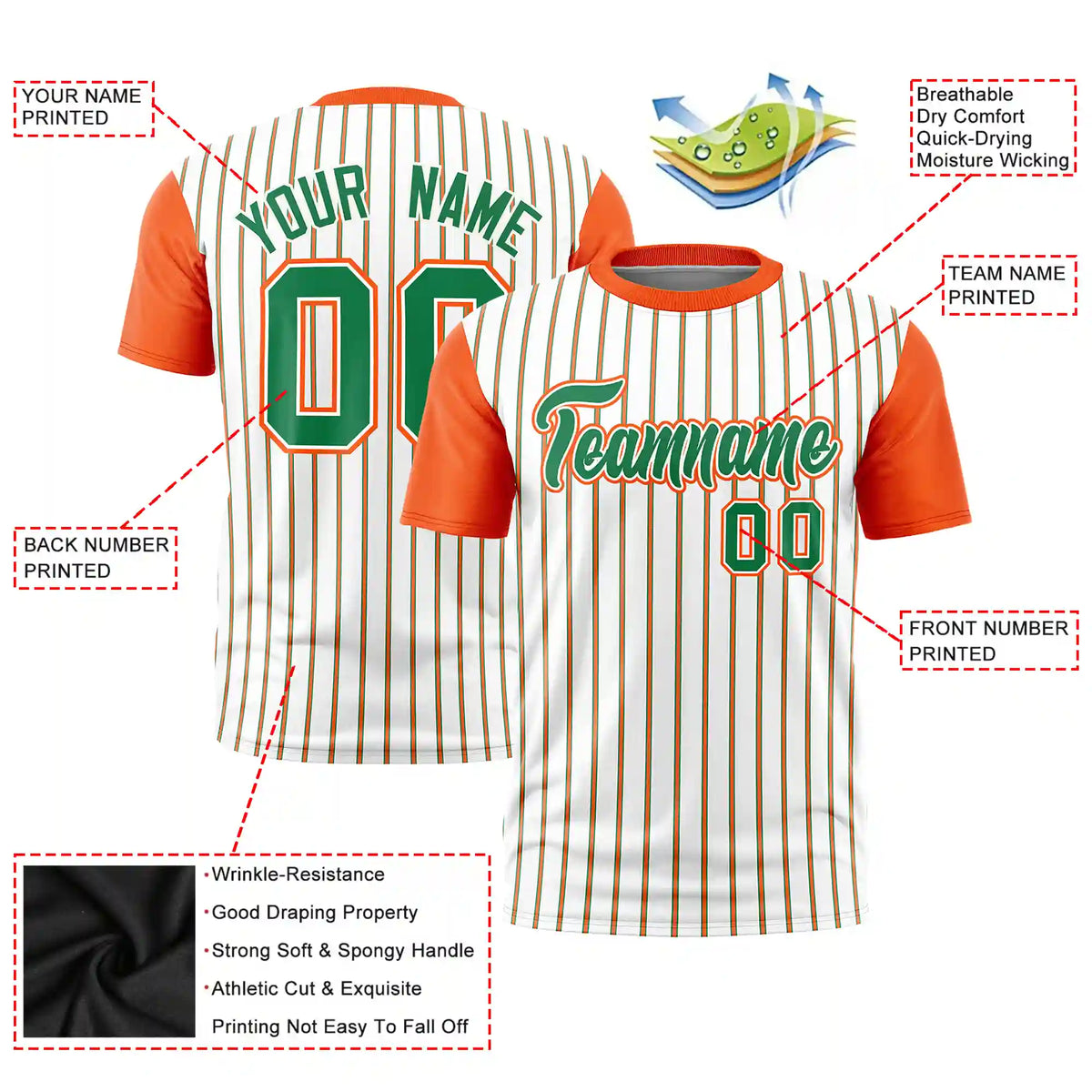 Custom White Kelly Green-Orange Pinstripe Pattern Design Performance T-Shirt