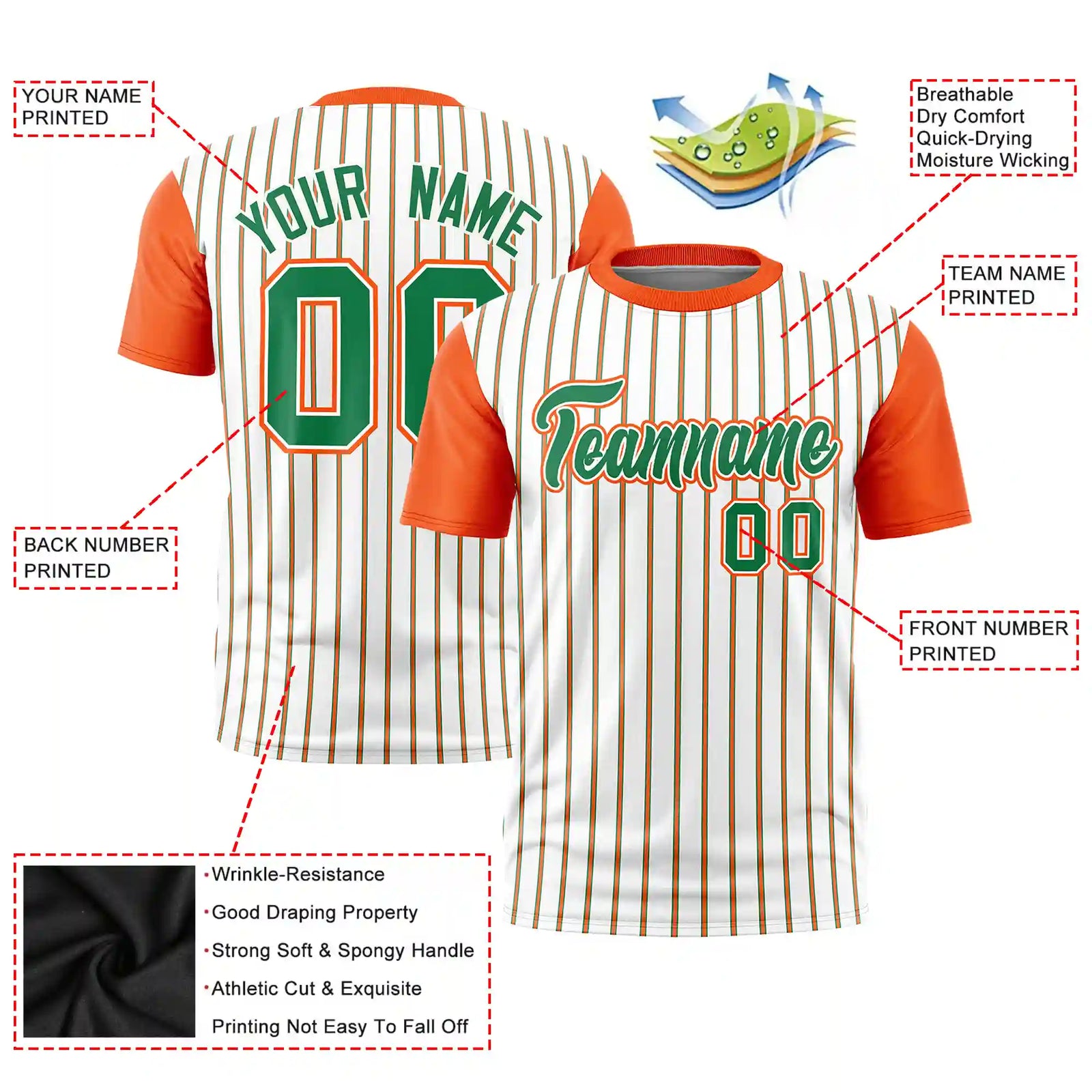 Custom White Kelly Green-Orange Pinstripe Pattern Design Performance T-Shirt