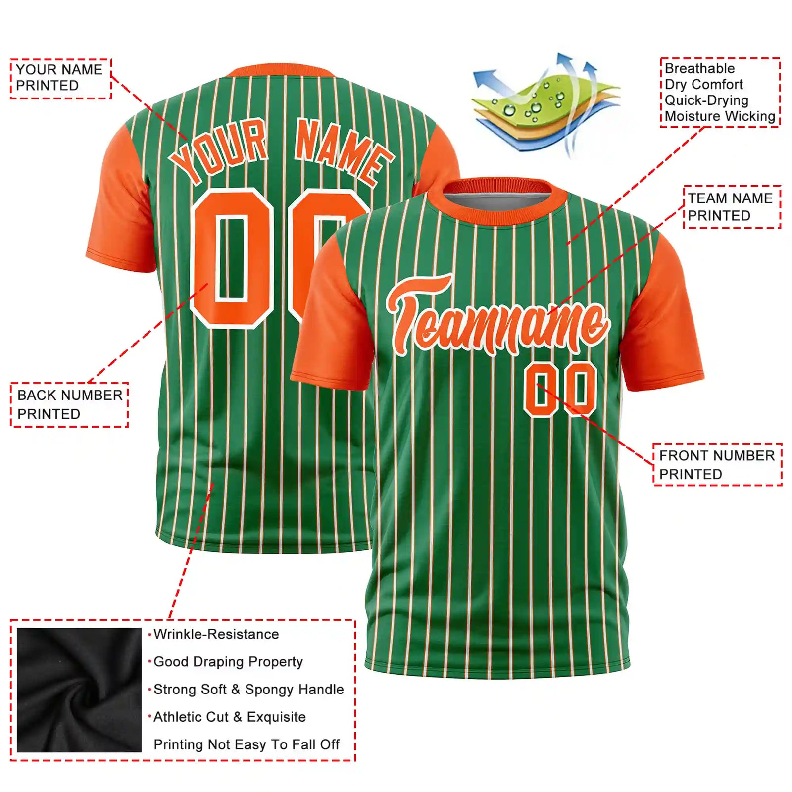 Custom Kelly Green White-Orange Pinstripe Pattern Design Performance T-Shirt