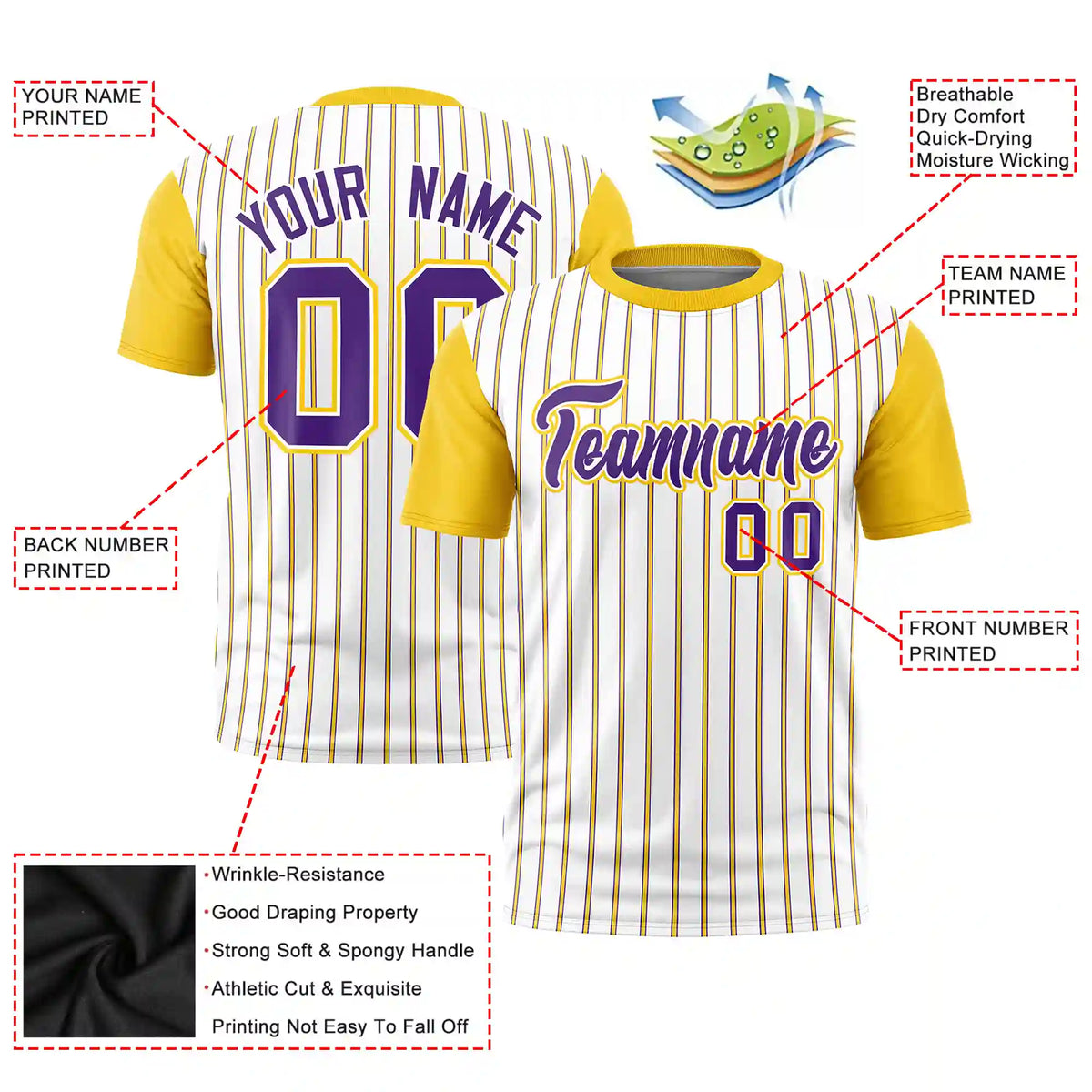 Custom White Purple-Gold01 Pinstripe Pattern Design Performance T-Shirt