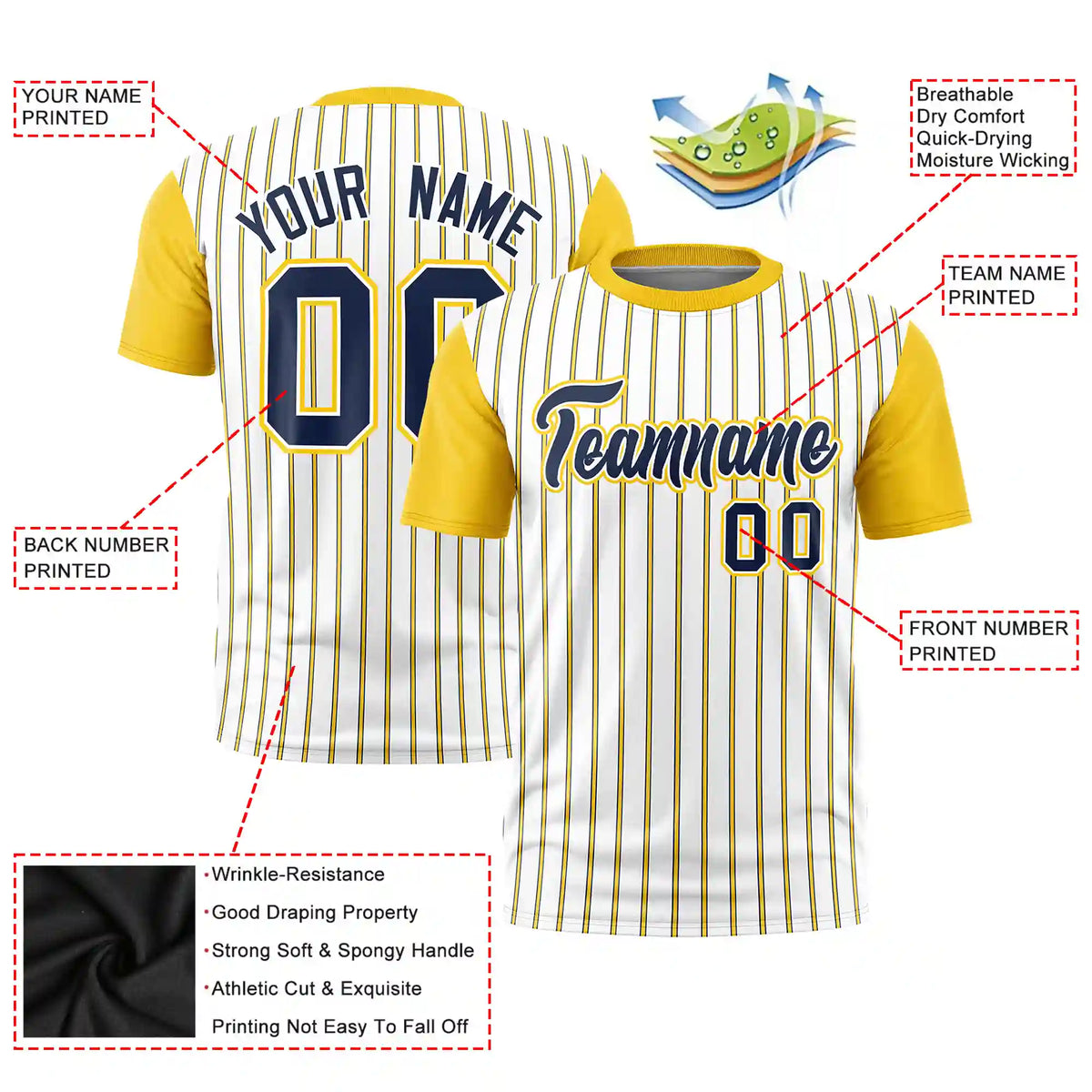 Custom White Navy-Gold01 Pinstripe Pattern Design Performance T-Shirt