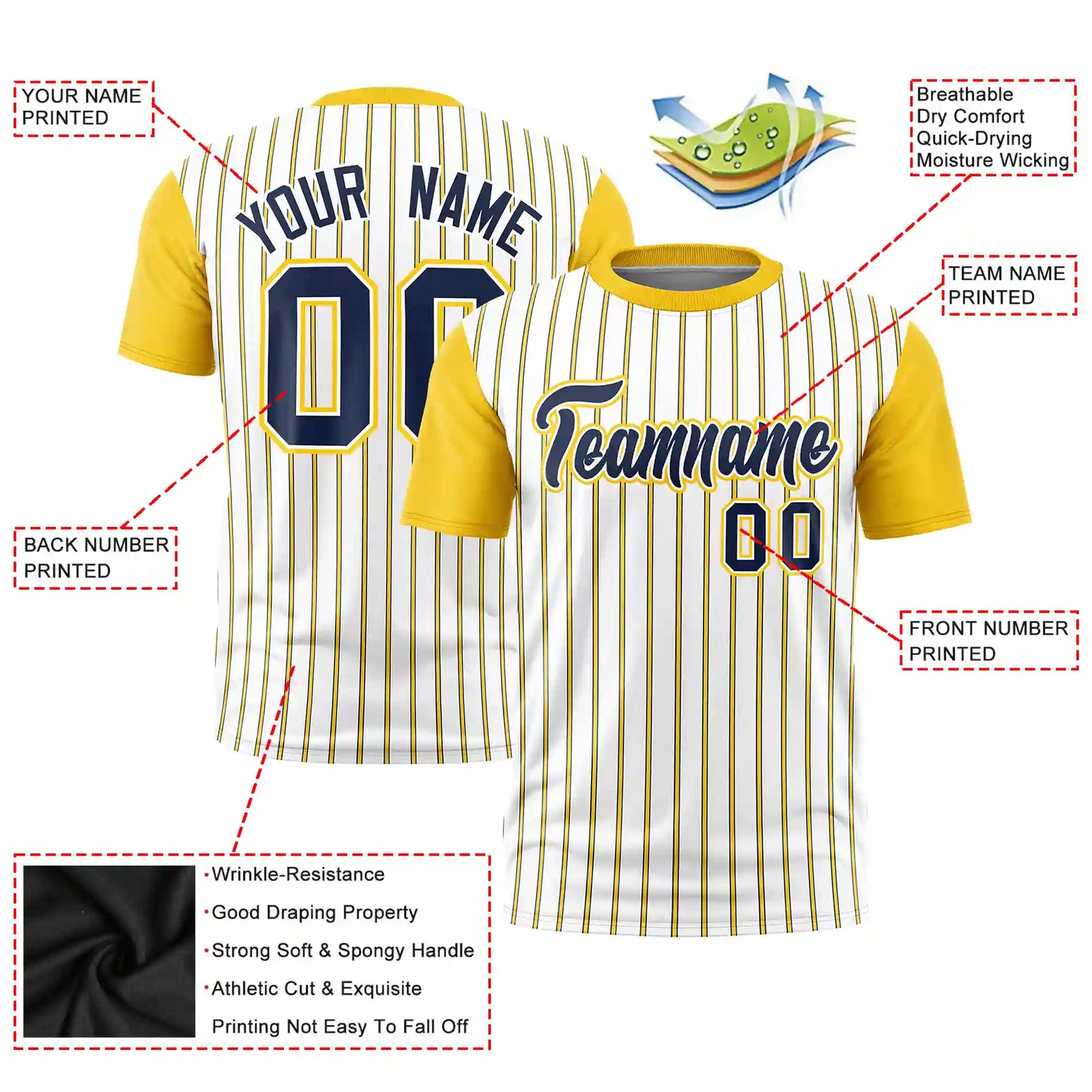 Custom White Navy-Gold01 Pinstripe Pattern Design Performance T-Shirt