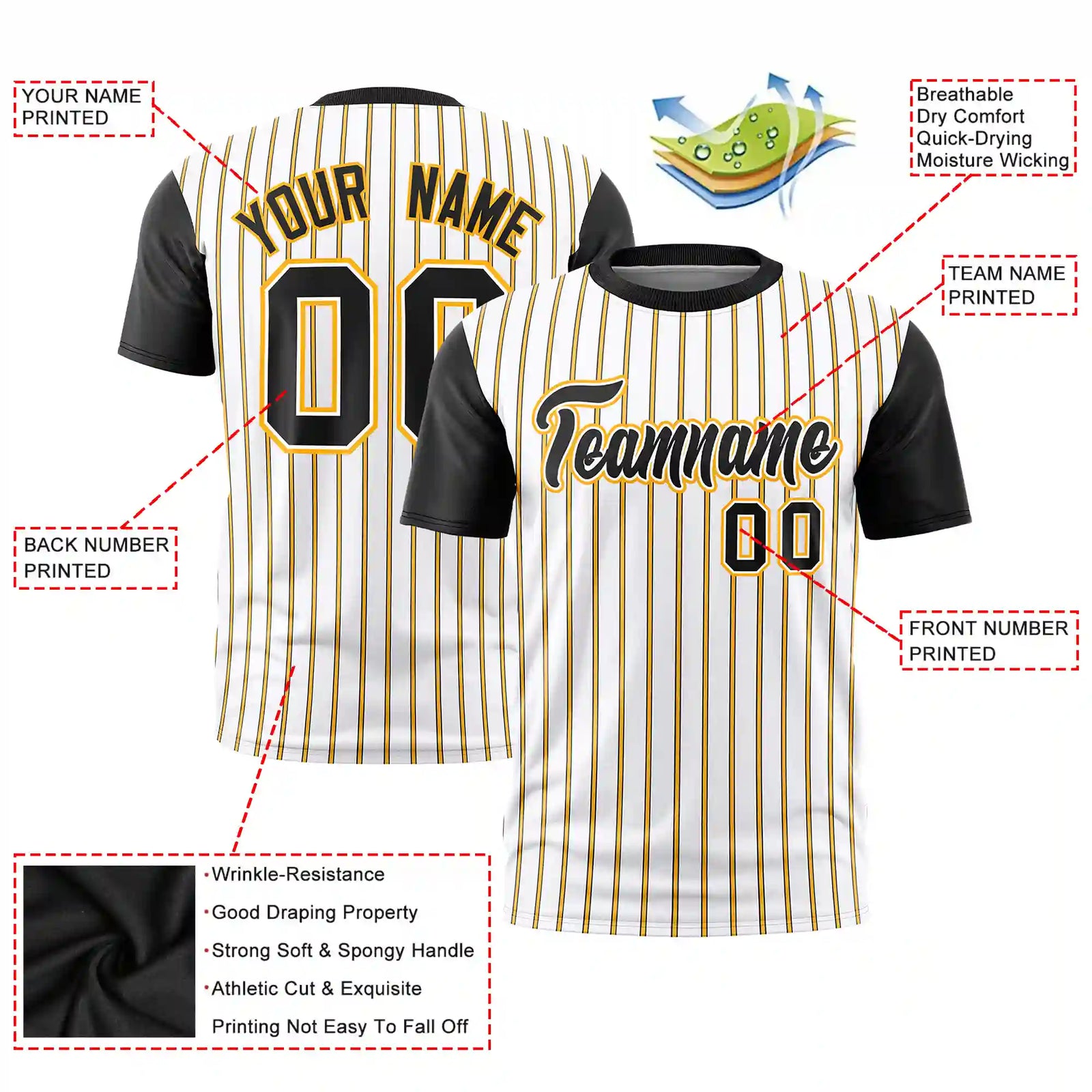 Custom White Yellow-Black Pinstripe Pattern Design Performance T-Shirt