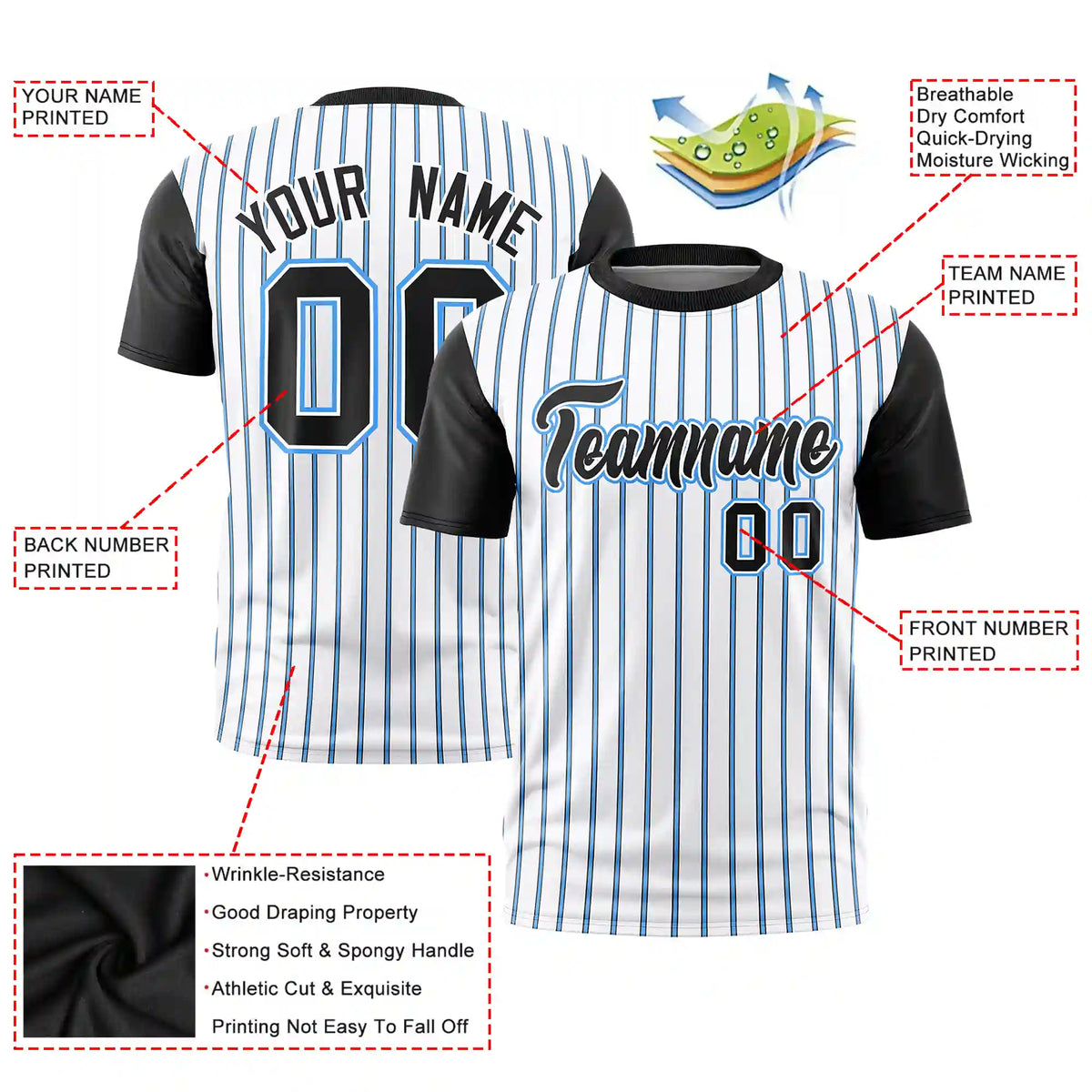 Custom White Powder Blue-Black Pinstripe Pattern Design Performance T-Shirt